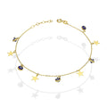 MR10PD033 Pulsera Dama Oro Sólido 10K EMF10 Modelo Ojitos Turcos Azul Marino y Estrellas Colgantes 4.5 mm Ajustable 18 a 20 cm