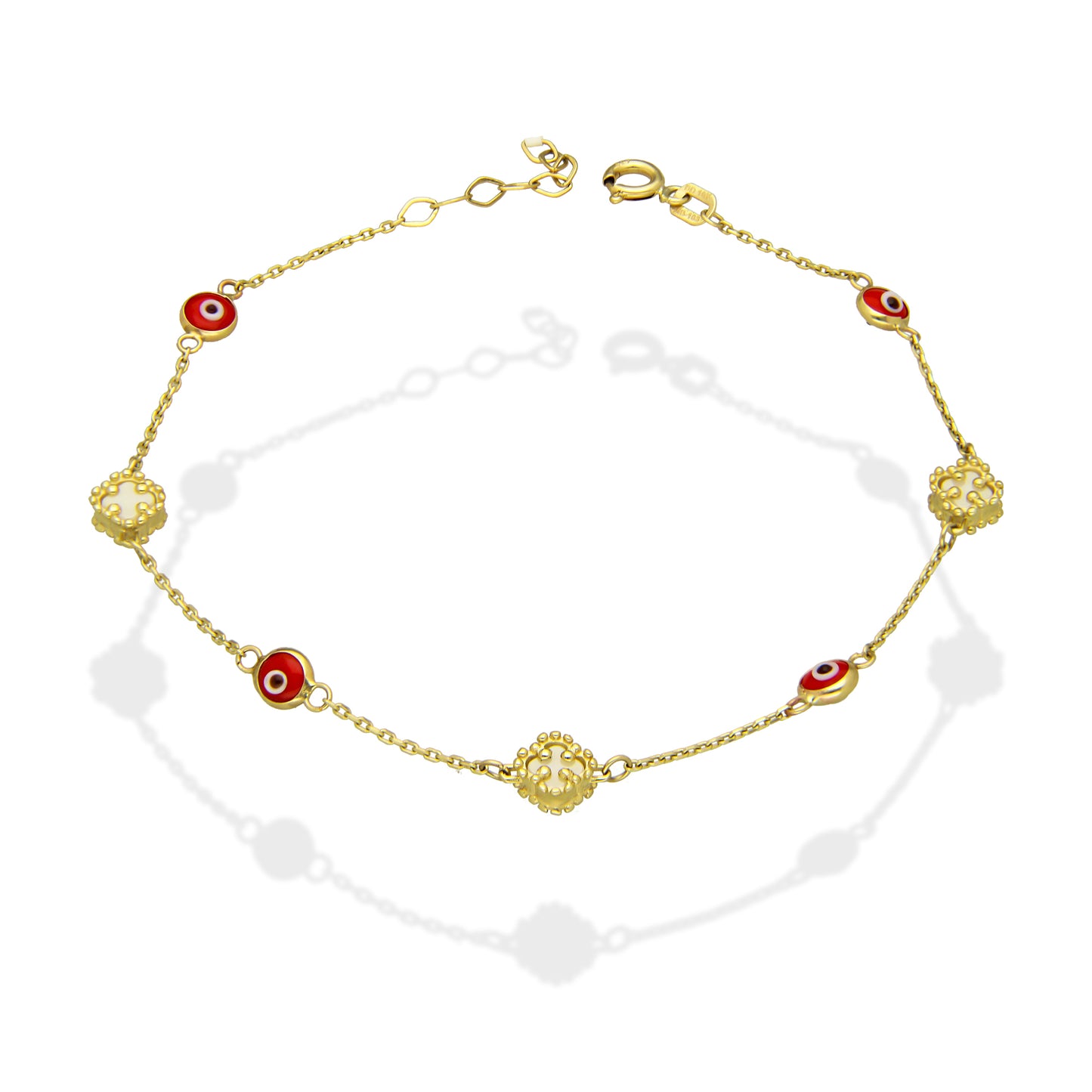 MR10PD036 Pulsera Dama Oro Sólido 10K EMF10 Modelo Ojitos Turcos Rojo y Trébol 4.5 mm Ajustable 18 a 20 cm