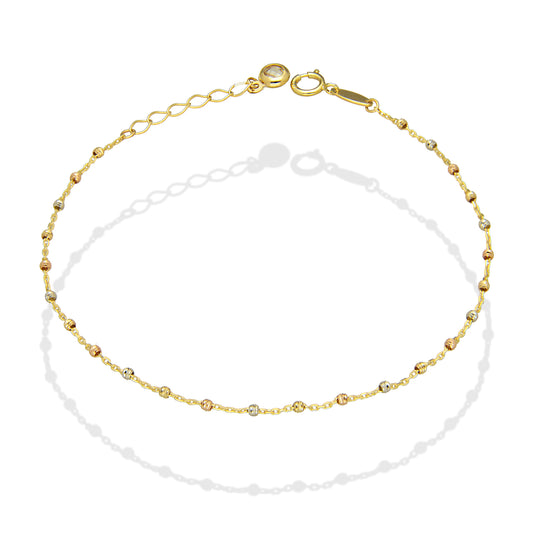 MR10PD072 Pulsera Dama Oro Sólido 10K EM10 Bolitas Diamantadas 1 mm Florentino Largo Ajustable 16 a 18 cm