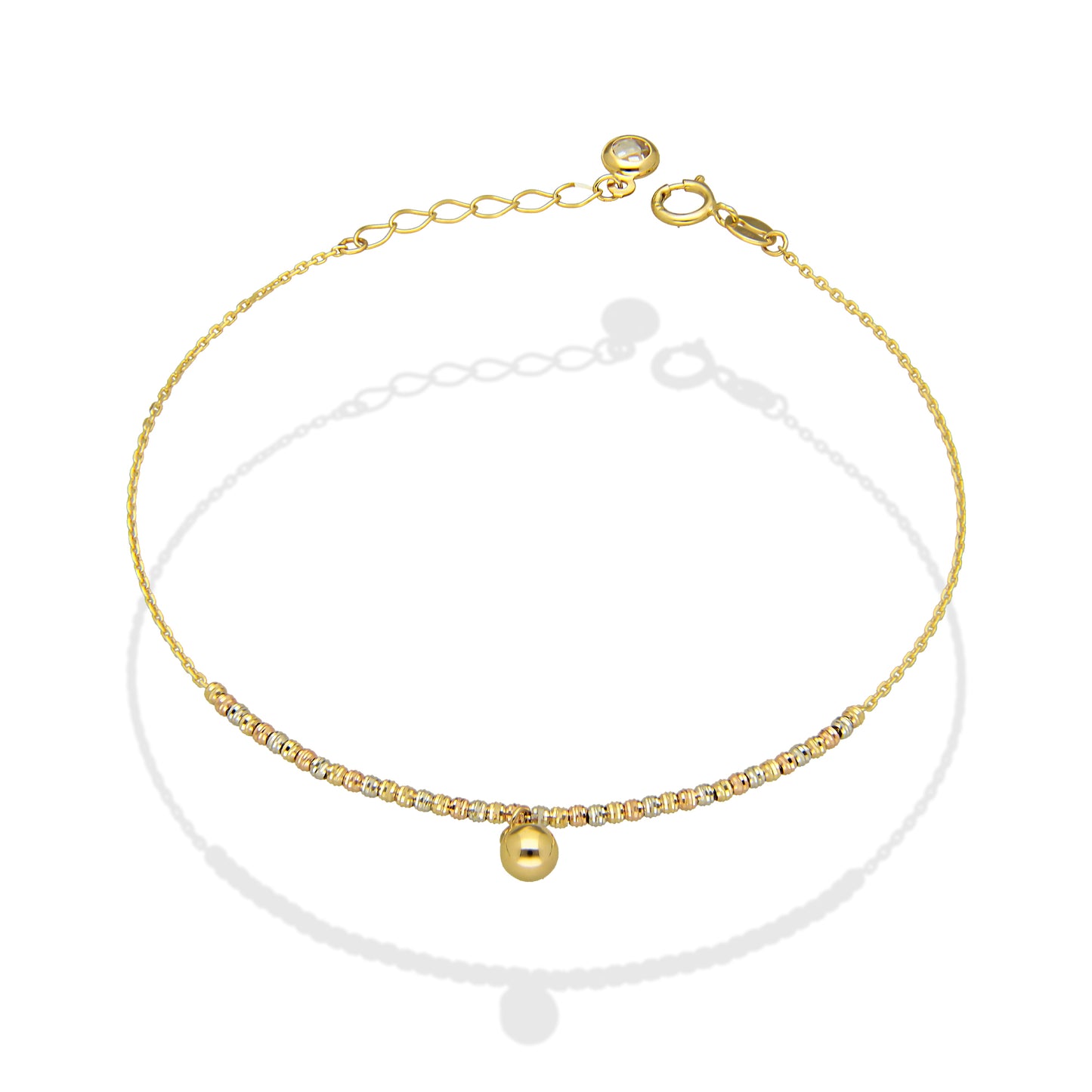 MR10PD076 Pulsera Dama Oro Sólido 10K EM10 Bolitas Diamantadas 1 mm Florentino con Cascabel Colgante Largo Ajustable 16 a 18 cm