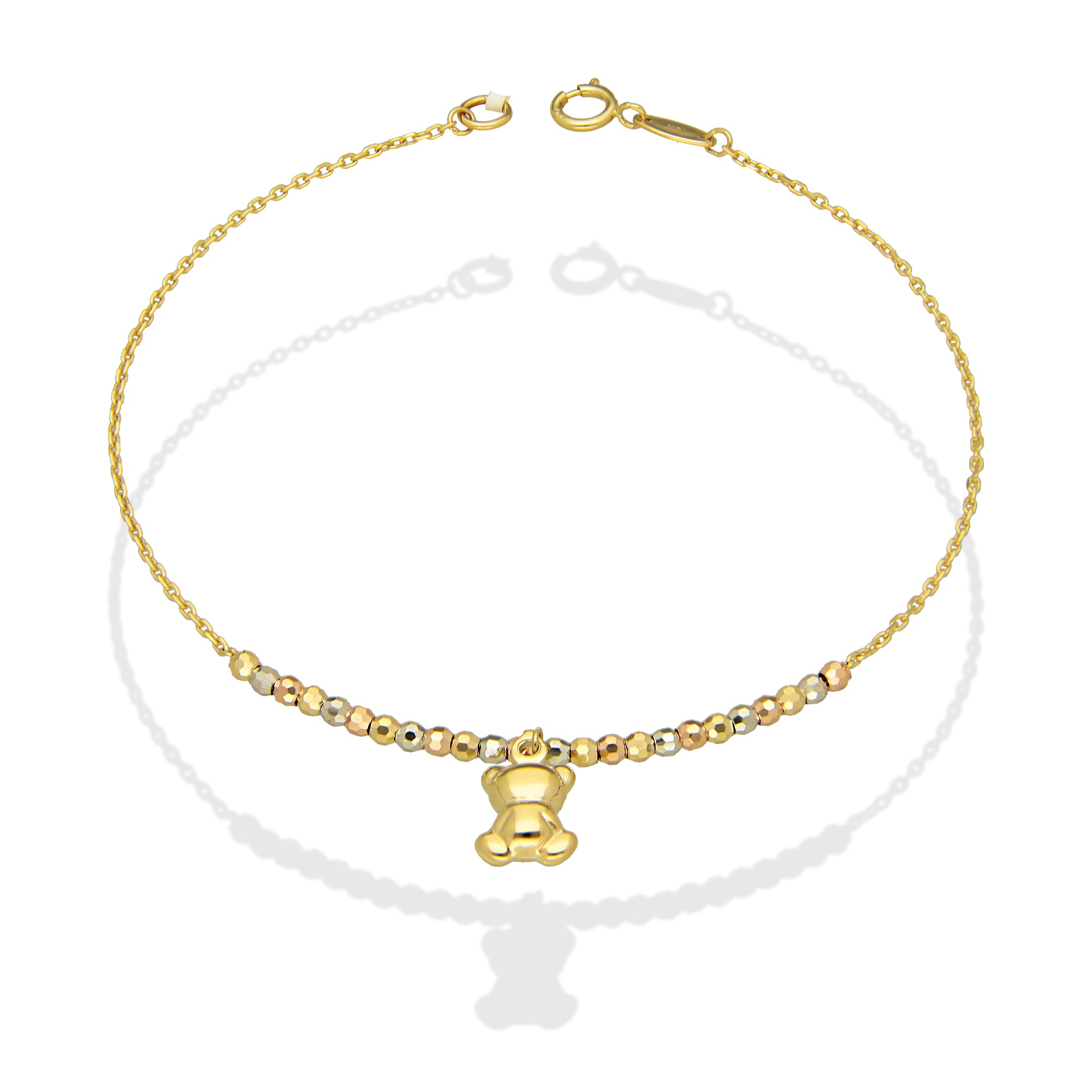 MR10PD077 Pulsera Dama Oro Sólido 10K EM10 Bolitas Diamantadas 2 mm Florentino con Osito Colgante Largo 18 cm