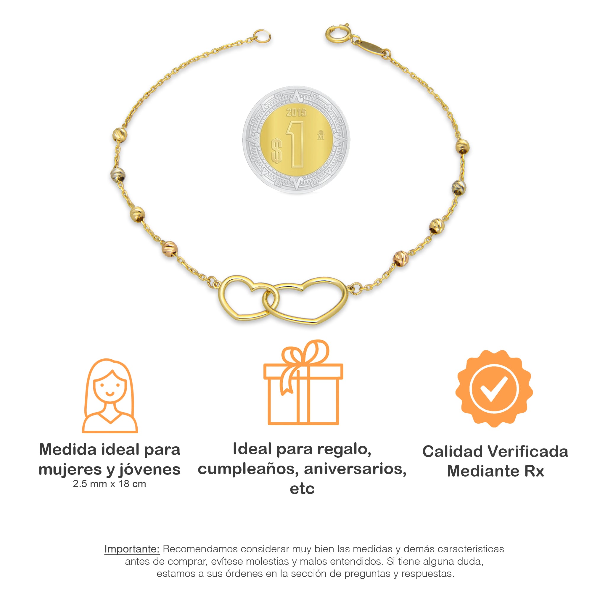 MR10PD078 Pulsera Dama Oro Sólido 10K EM10 Bolitas Diamantadas 2.5 mm Florentino Corazón Duo Largo 18 cm