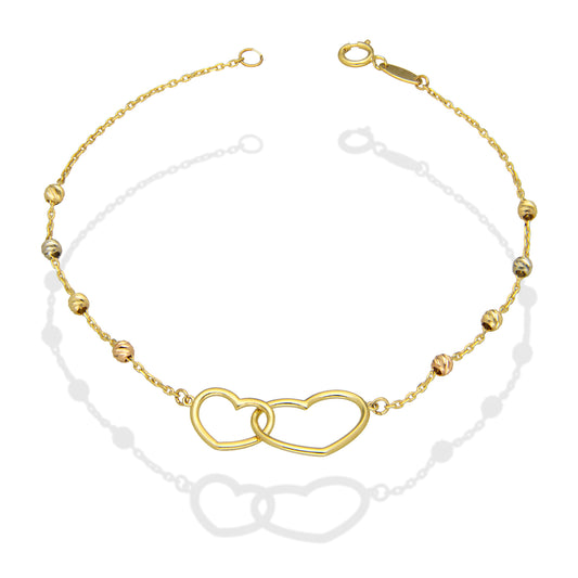 MR10PD078 Pulsera Dama Oro Sólido 10K EM10 Bolitas Diamantadas 2.5 mm Florentino Corazón Duo Largo 18 cm