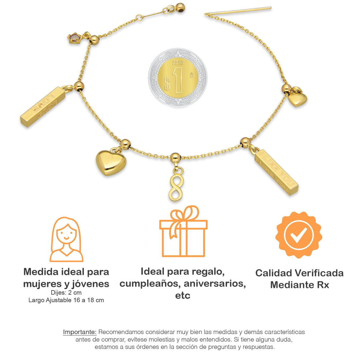 MR10PD079 Pulsera Dama Oro Sólido 10K EM10 Barras Colgantes Dijes: 2 cm Largo Ajustable 15 a 18 cm