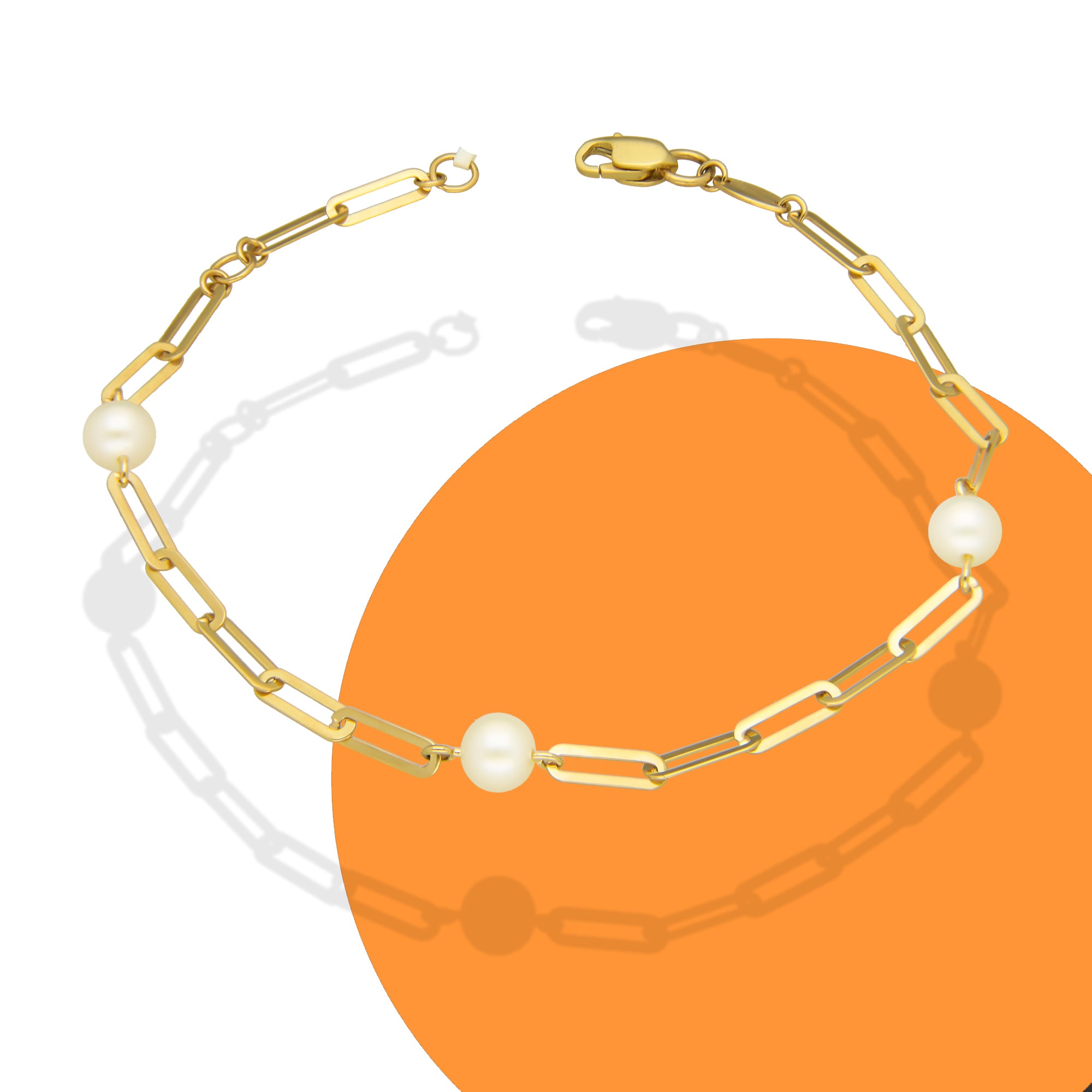 MR10PD085 Pulsera Dama Oro Sólido 10K EM10 Clip Largo con Perlas 5 mm x 18 cm