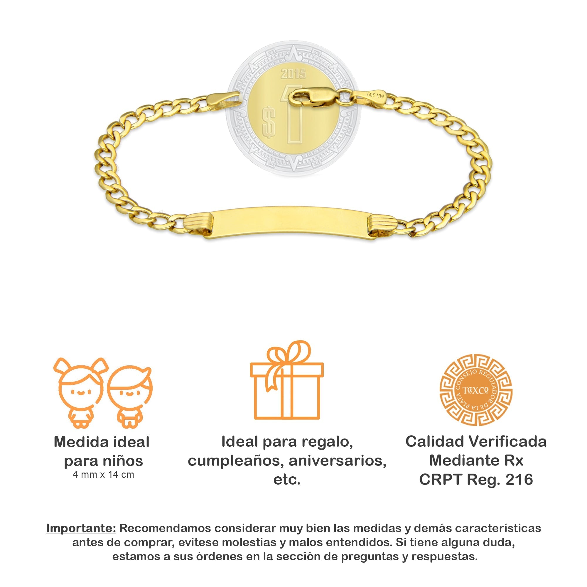 MR10PN001 Pulsera Esclava NIños Oro Sólido 10K EMF10 Modelo Figaro 1*0 4 mm x 14 cm