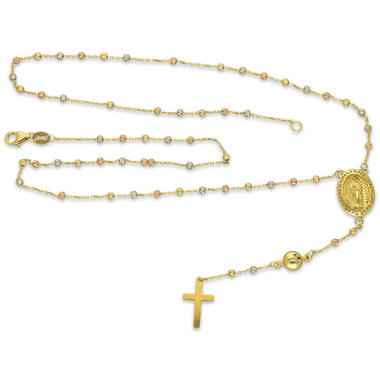 MR10ROS003 Rosario Oro Sólido 10K EMF Bolitas Diamantadas 2 mm Florentino Madona con Bisel Cruz Lisa