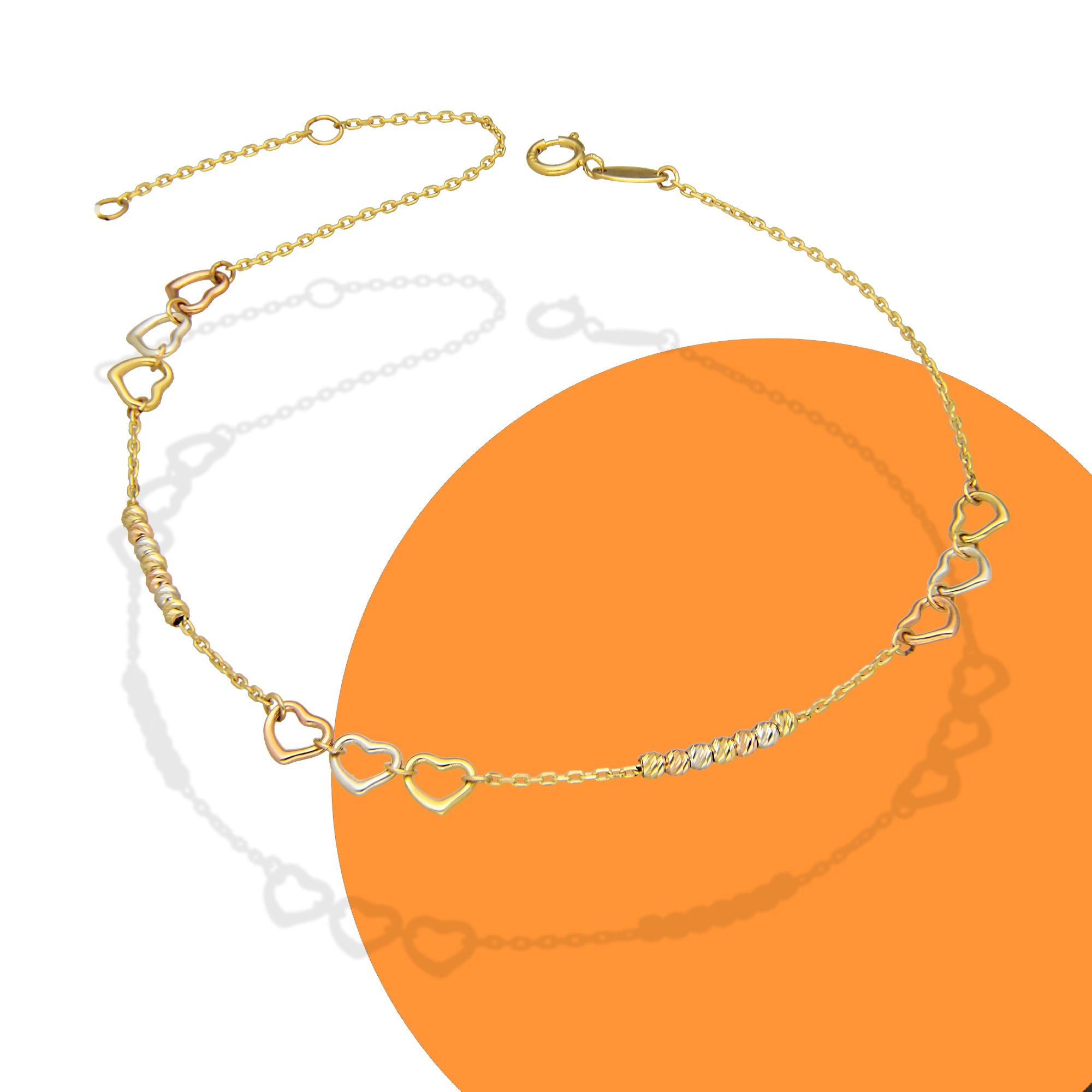 MR10TB011 Pulsera Tobillera Dama Oro Sólido 10K Mod Triada Corazones y Bolitas Diamantadas 6 mm Largo Ajustable 22.5 a 24.5 cm