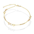 MR10TB011 Pulsera Tobillera Dama Oro Sólido 10K Mod Triada Corazones y Bolitas Diamantadas 6 mm Largo Ajustable 22.5 a 24.5 cm