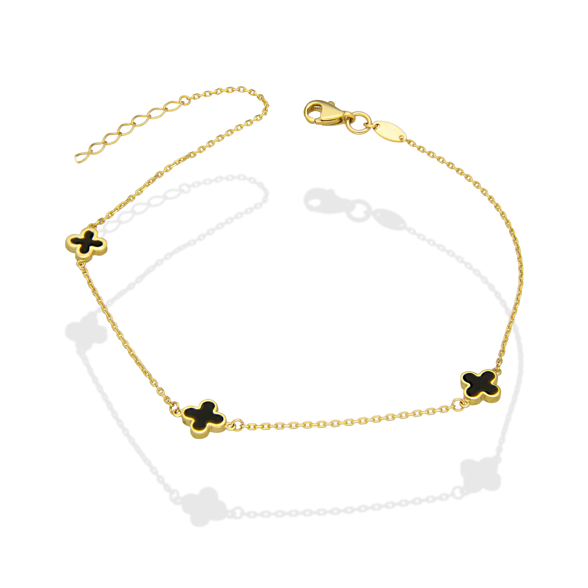 MR10TB013 Pulsera Tobillera Dama Oro Sólido 10K Mod Trébol Esmaltado Negro 6 mm Largo Ajustable 23 a 25 cm