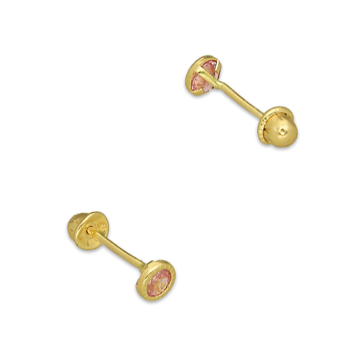 MR14AB002 Arete Broquel Oro Sólido 14K Modelo Zirconia Rosa Redonda con Bisel Diamantado 3 mm de Diámetro