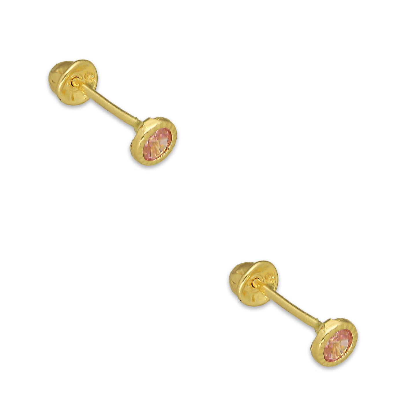 MR14AB002 Arete Broquel Oro Sólido 14K Modelo Zirconia Rosa Redonda con Bisel Diamantado 3 mm de Diámetro