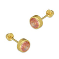 MR14AB012 Arete Broquel Oro Sólido 14K Modelo Zirconia Rosa Redonda con Bisel Liso 5 mm de Diámetro