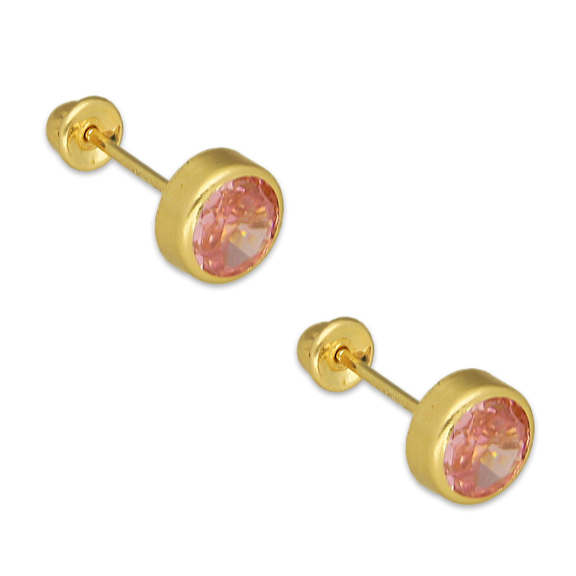 MR14AB012 Arete Broquel Oro Sólido 14K Modelo Zirconia Rosa Redonda con Bisel Liso 5 mm de Diámetro