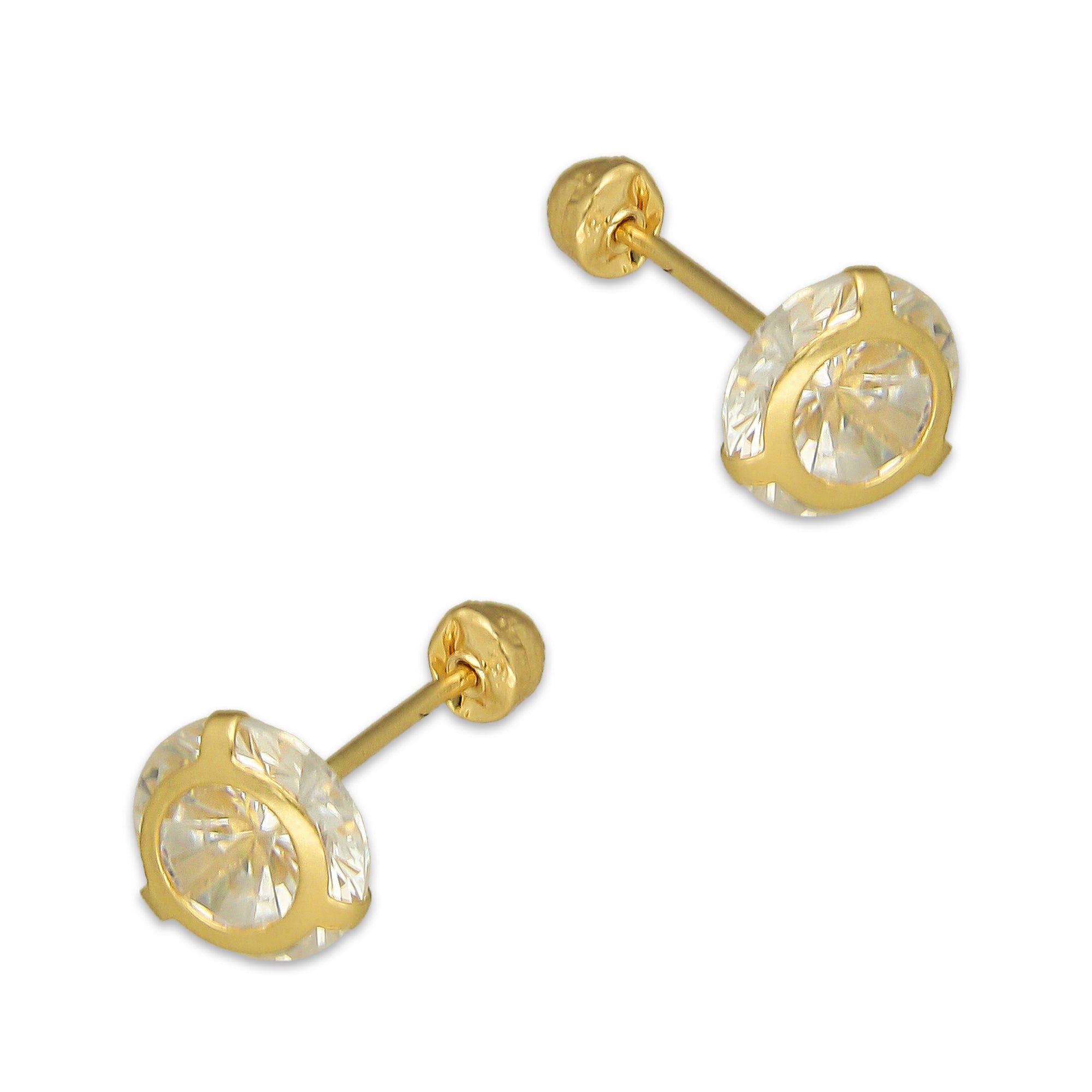 MR14AB013 Arete Broquel Oro Sólido 14K Modelo Zirconia Redonda con Base Lisa 6 mm de Diámetro