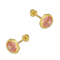 MR14AB014 Arete Broquel Oro Sólido 14K Modelo Zirconia Rosa Redonda con Bisel Diamantado 6 mm de Diámetro