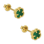 MR14AB016 Arete Broquel Oro Sólido 14K Modelo Trébol 8 mm Verde Diámetro 1.3 cm