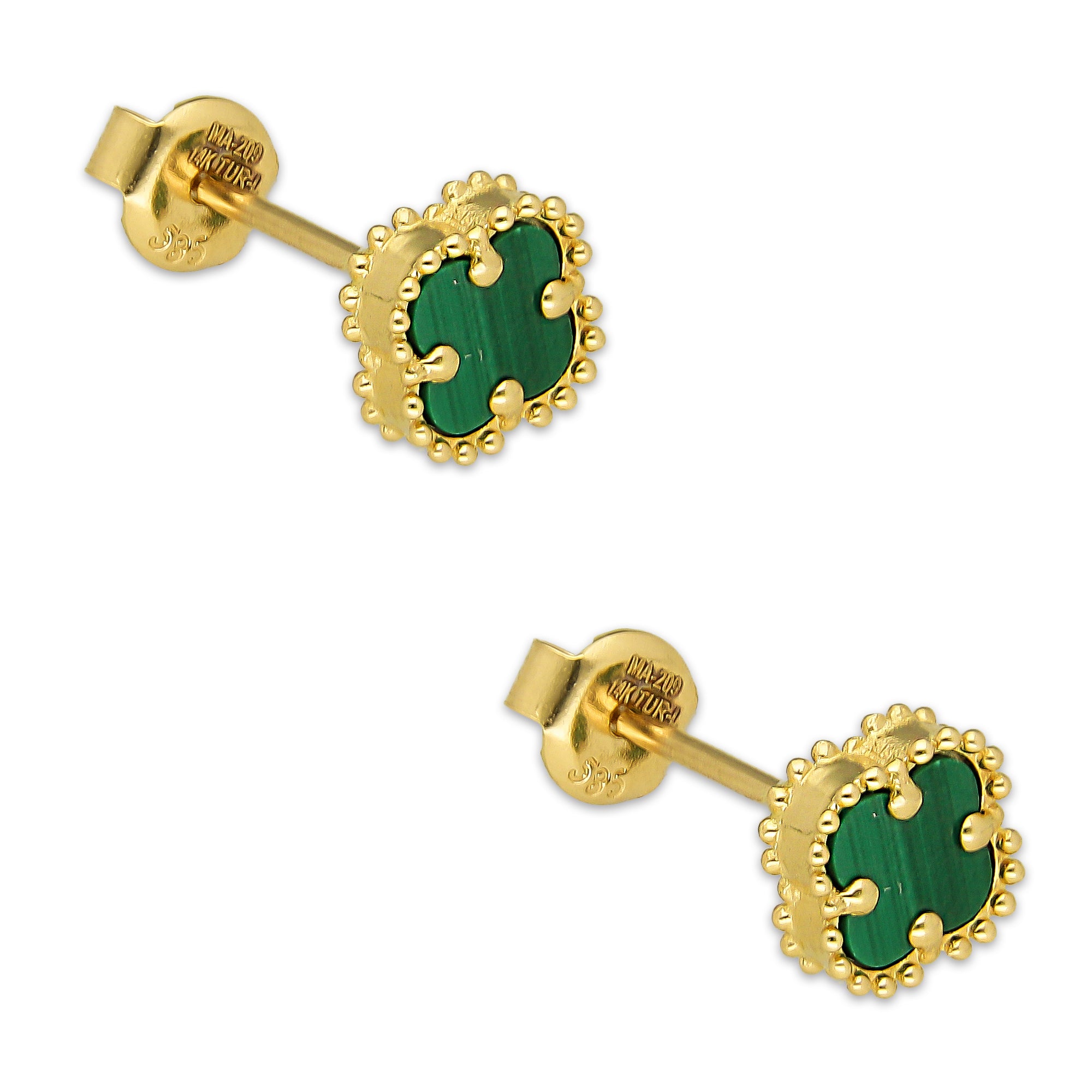 MR14AB016 Arete Broquel Oro Sólido 14K Modelo Trébol 8 mm Verde Diámetro 1.3 cm