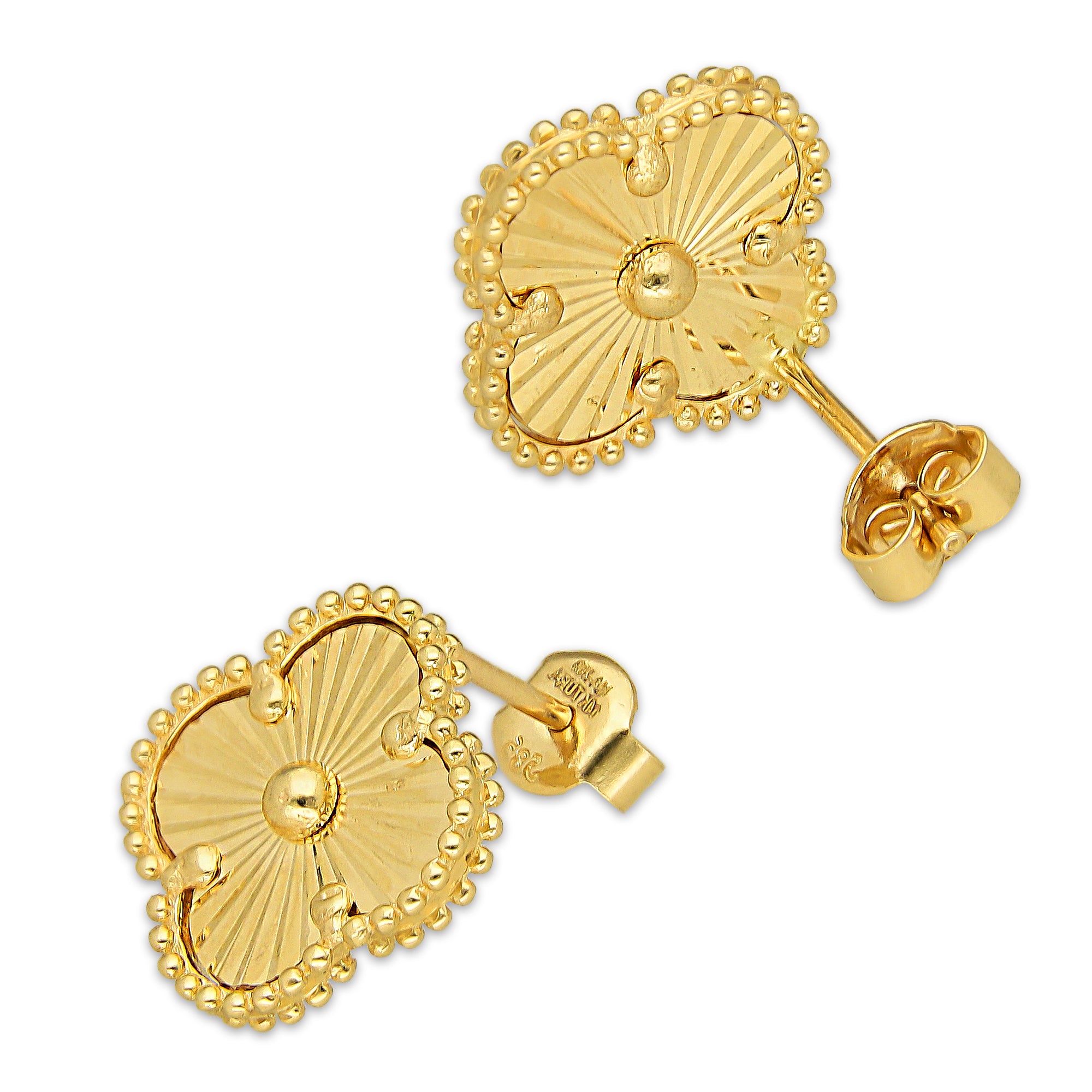 MR14AB019 Arete Broquel Oro Sólido 14K Modelo Trébol 1.4 cm Dorado Diámetro 1.4 cm