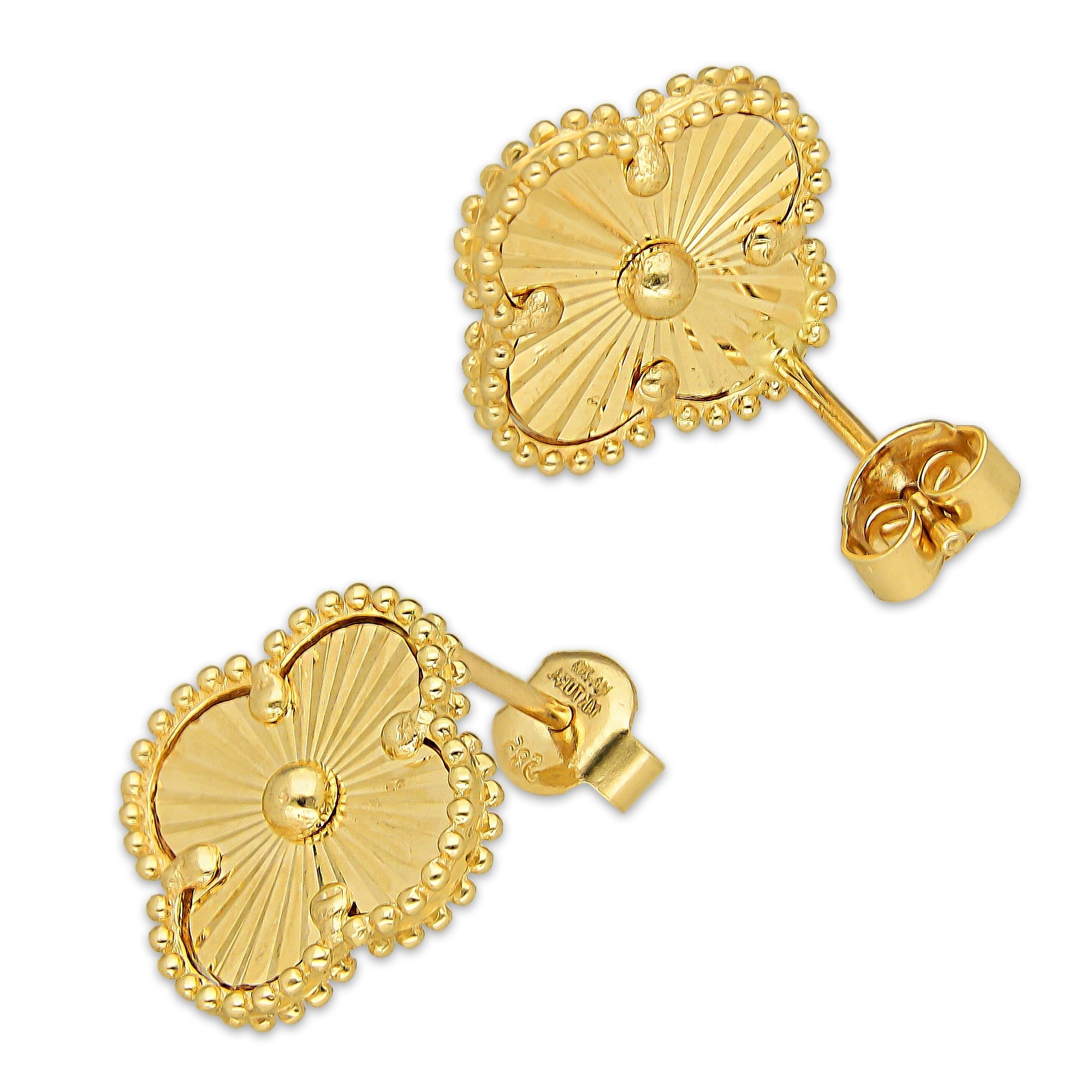 MR14AB019 Arete Broquel Oro Sólido 14K Modelo Trébol 1.4 cm Dorado Diámetro 1.4 cm