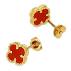 MR14AB021 Arete Broquel Oro Sólido 14K Modelo Trébol 1 cm Rojo Diámetro 1.4 cm