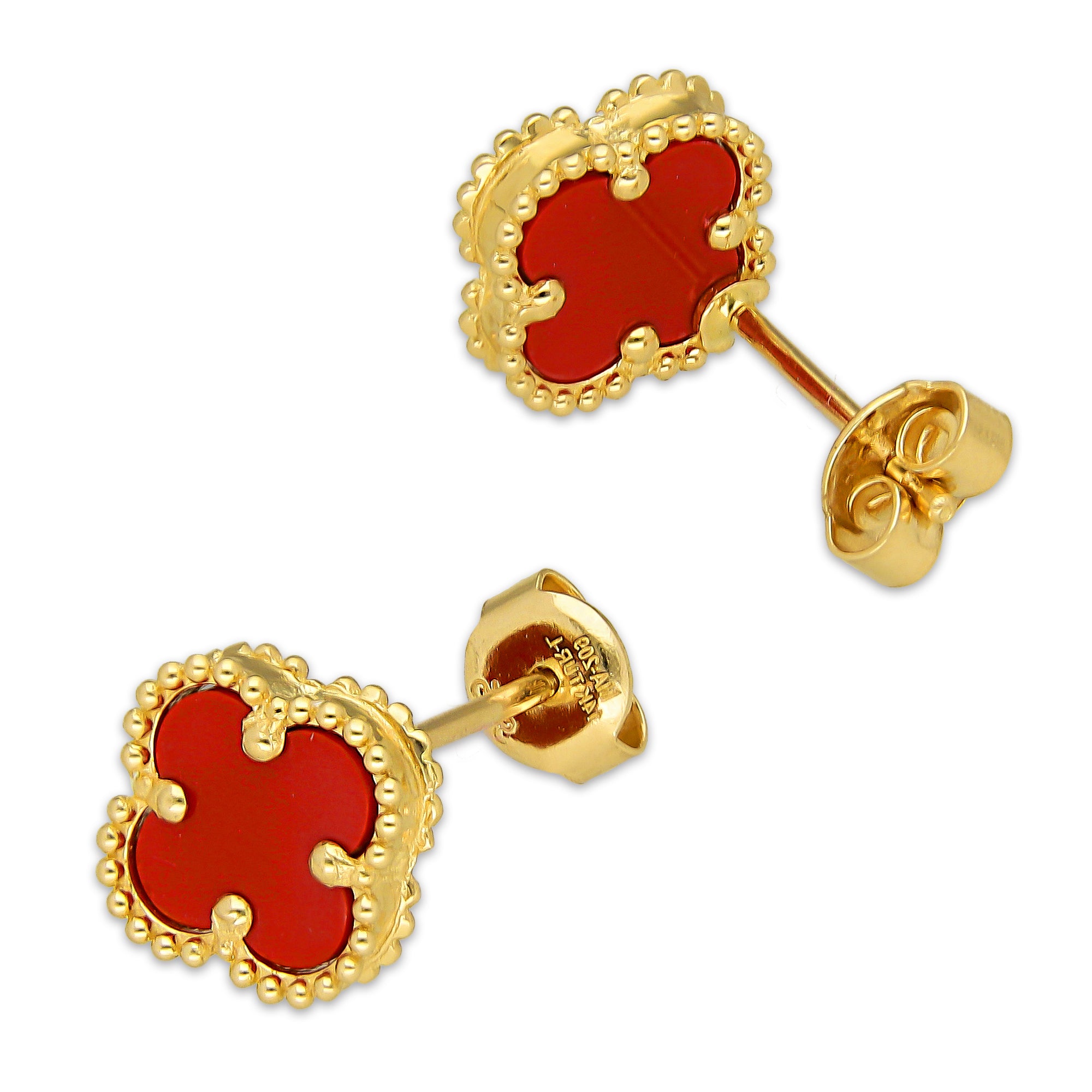 MR14AB021 Arete Broquel Oro Sólido 14K Modelo Trébol 1 cm Rojo Diámetro 1.4 cm