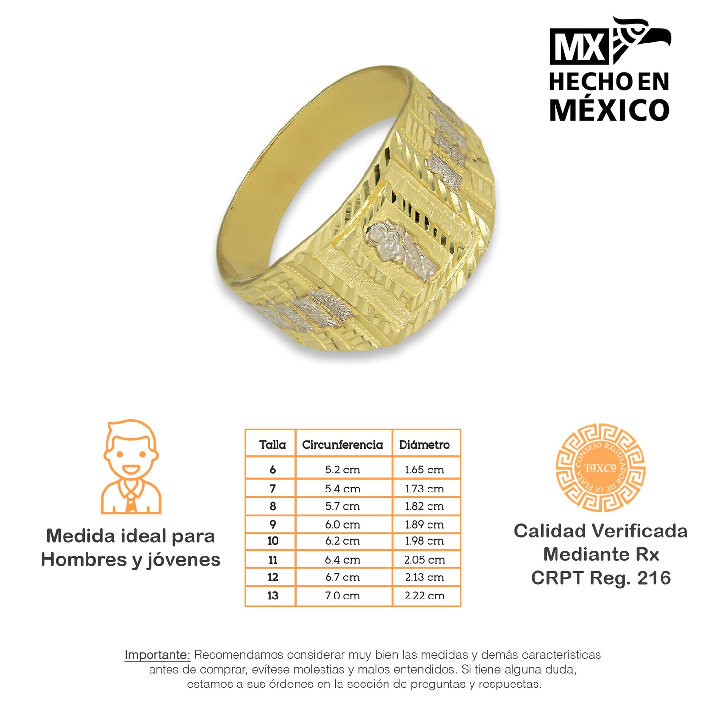 MR14AC001 Anillo Para Caballero Oro Sólido 14K Modelo San Judas Troquelado Diamantado