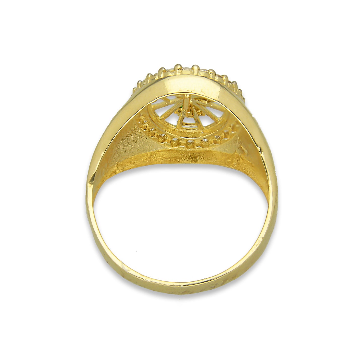 MR14AC002 Anillo Para Caballero Oro Sólido 14K Modelo Óvalo San Judas Manto Verde con Zirconias