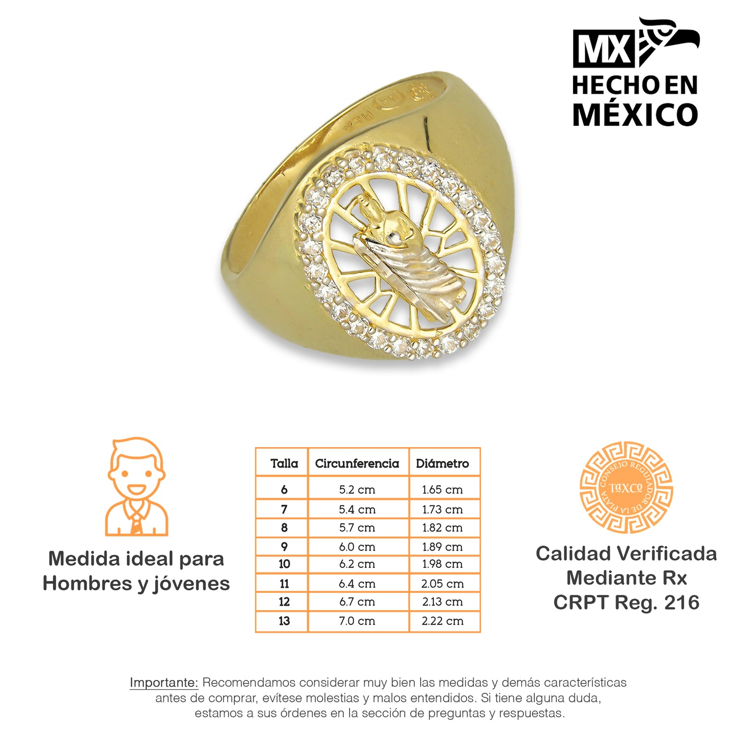 MR14AC003 Anillo Para Caballero Oro Sólido 14K Modelo Óvalo San Judas Manto Diamantado con Zirconias