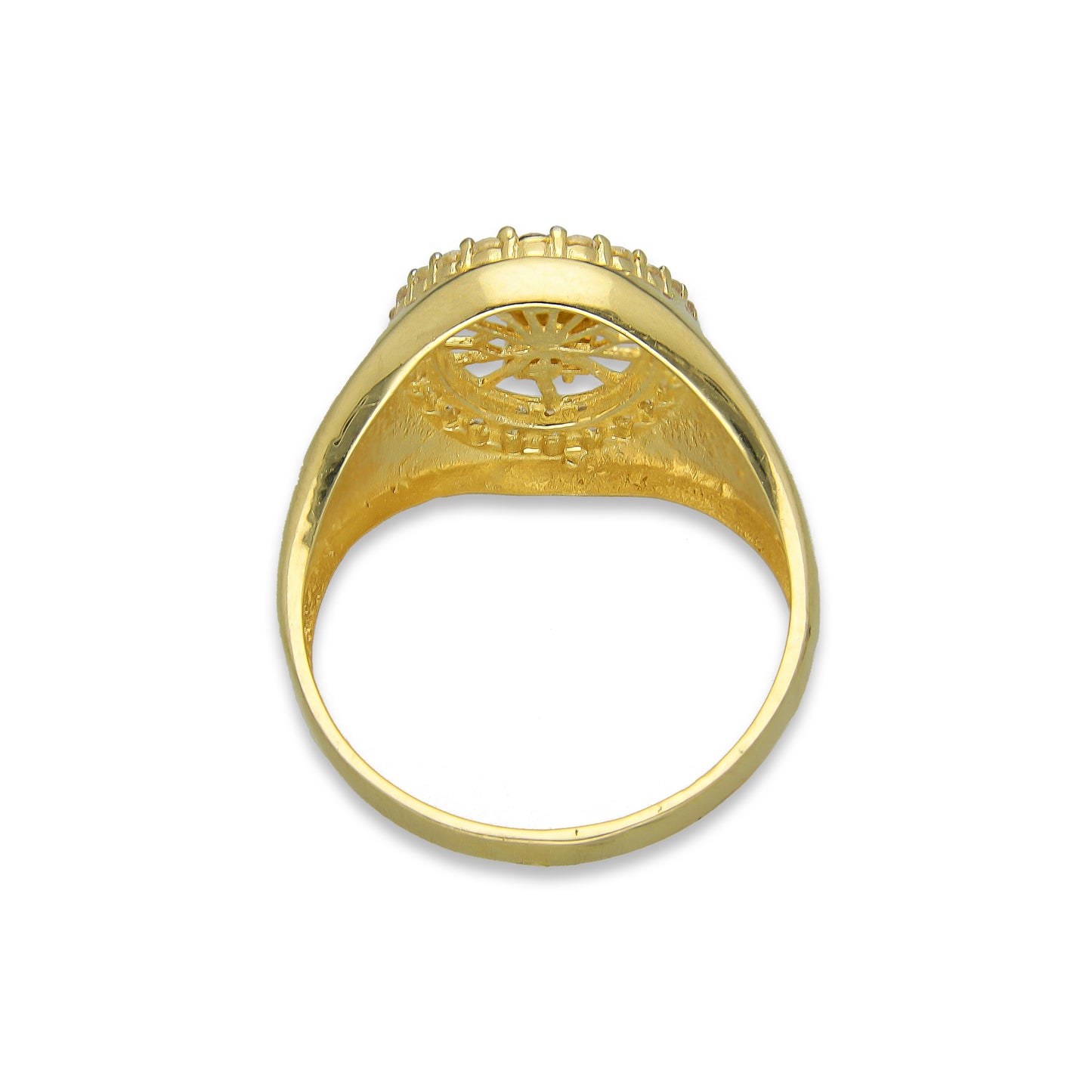 MR14AC003 Anillo Para Caballero Oro Sólido 14K Modelo Óvalo San Judas Manto Diamantado con Zirconias