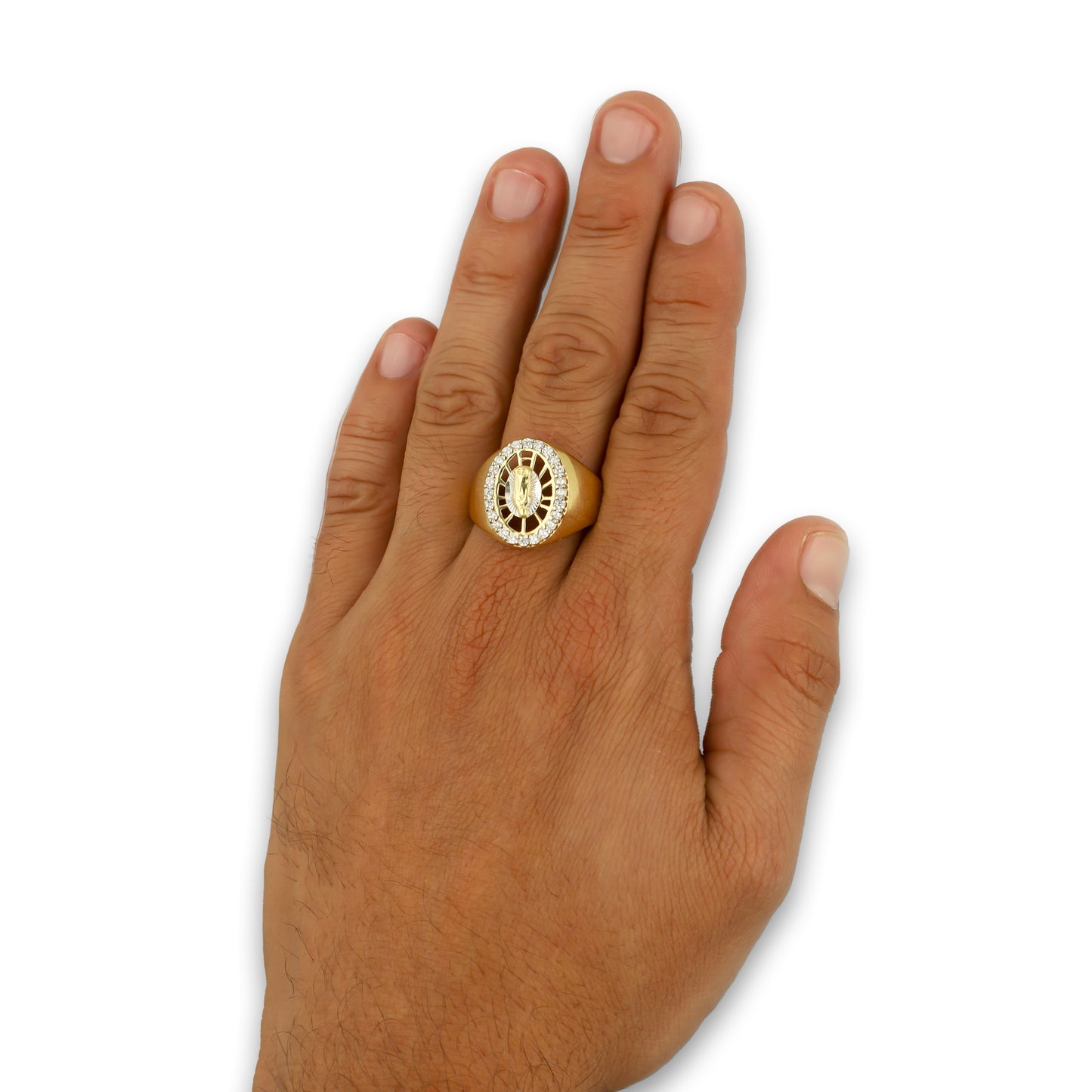 MR14AC004 Anillo Para Caballero Oro Sólido 14K Modelo Óvalo Virgen con Zirconias