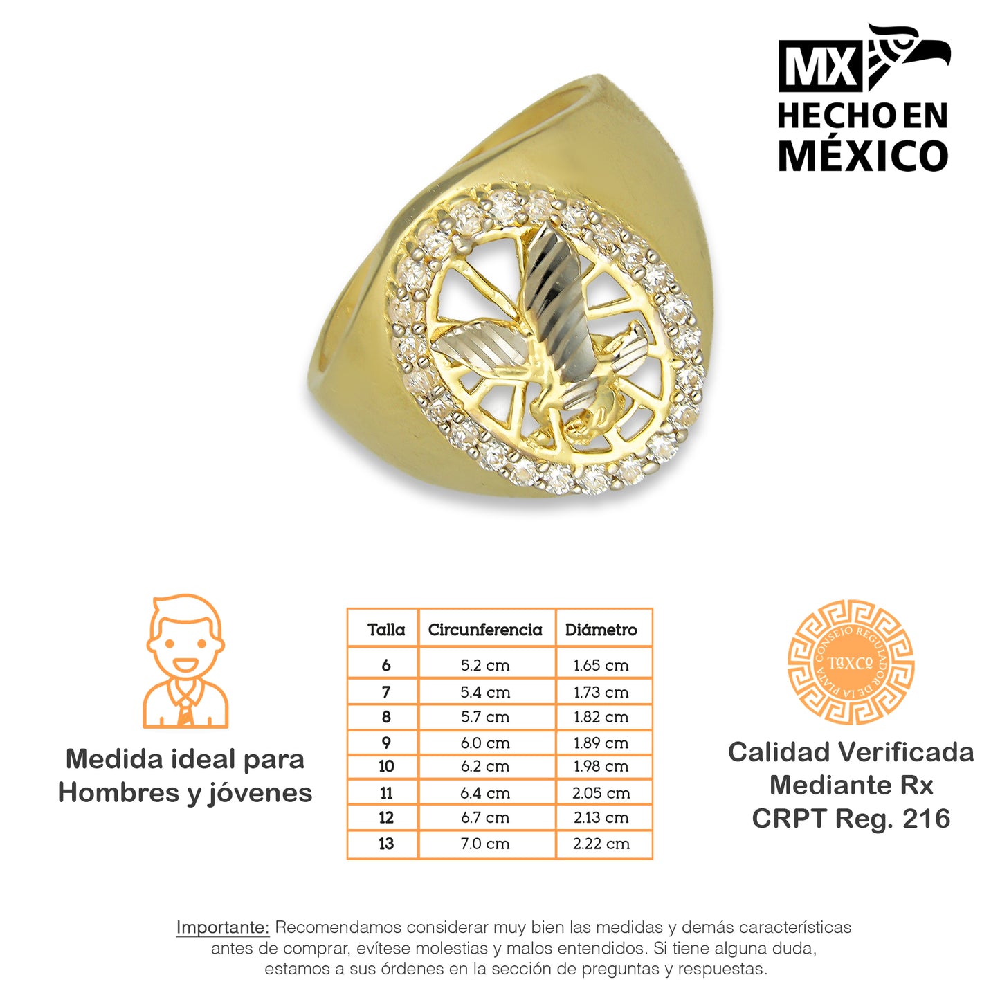 MR14AC005 Anillo Para Caballero Oro Sólido 14K Modelo Óvalo Águila con Zirconias