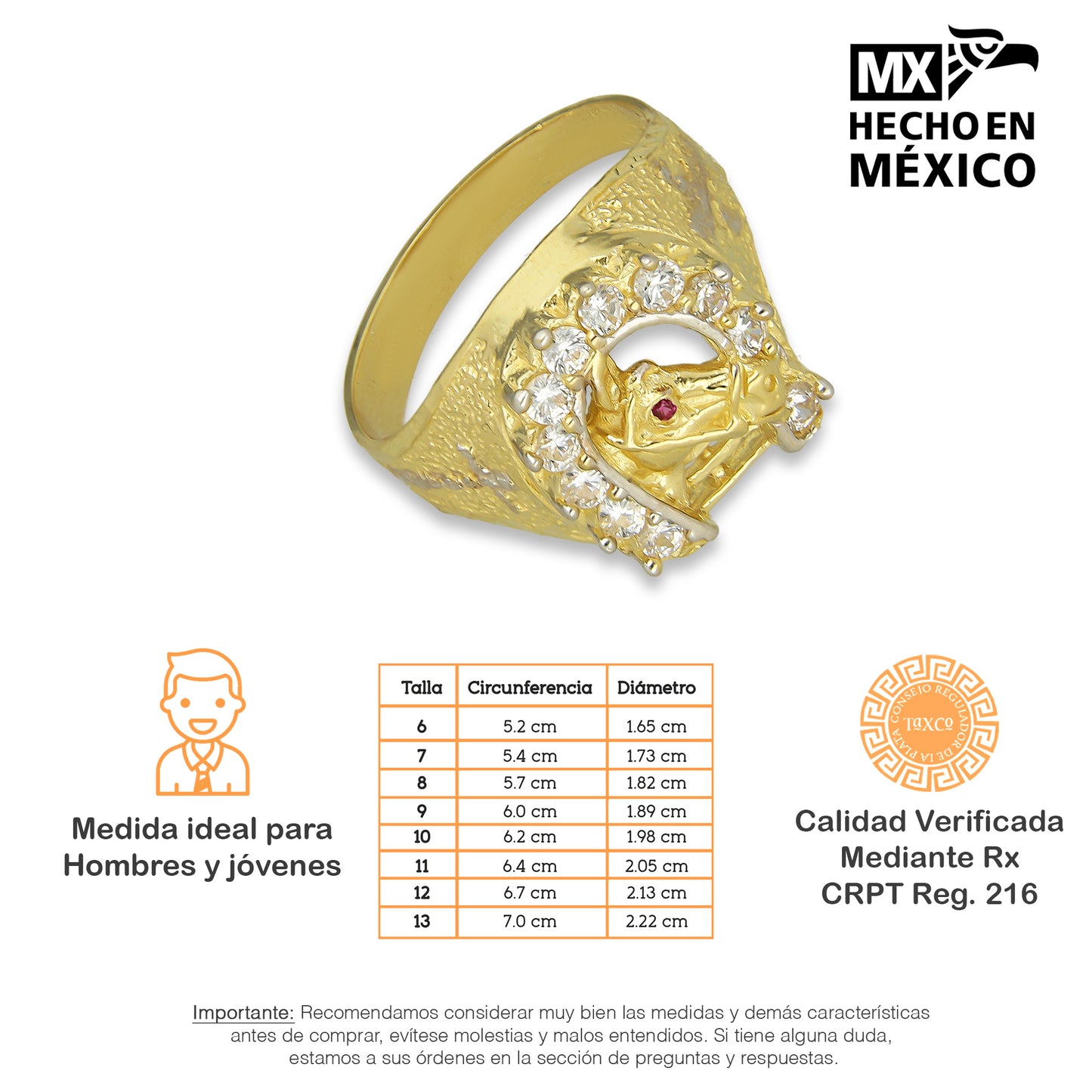 MR14AC006 Anillo Para Caballero Oro Sólido 14K Modelo Herradura Caballo con Zirconias