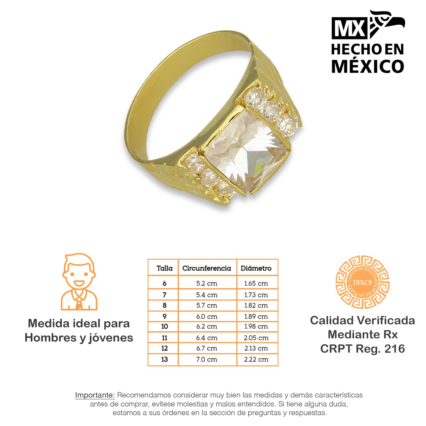 MR14AC007 Anillo Para Caballero Oro Sólido 14K Modelo Zirconia Rectangular 3 Laterales Redondas