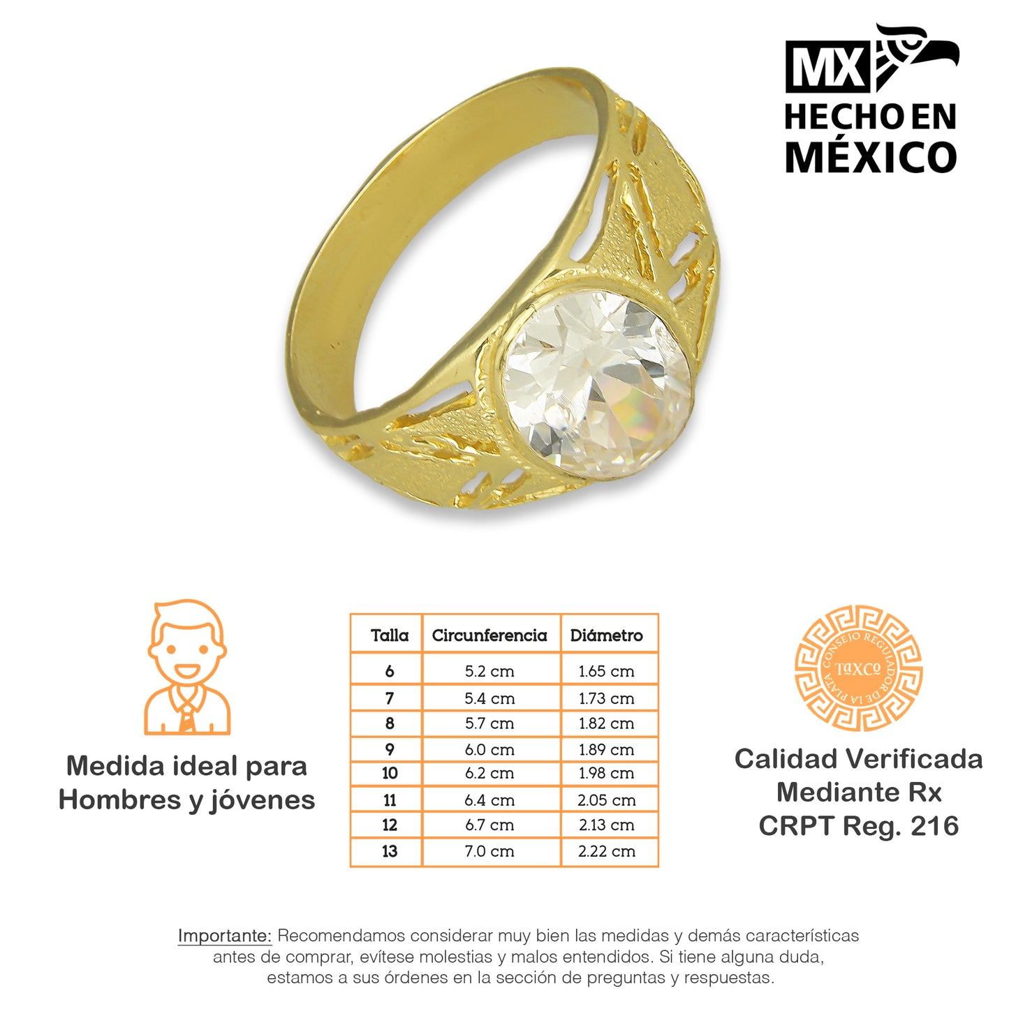 MR14AC008 Anillo Para Caballero Oro Sólido 14K Modelo Zirconia Ovalada Rombo Lateral