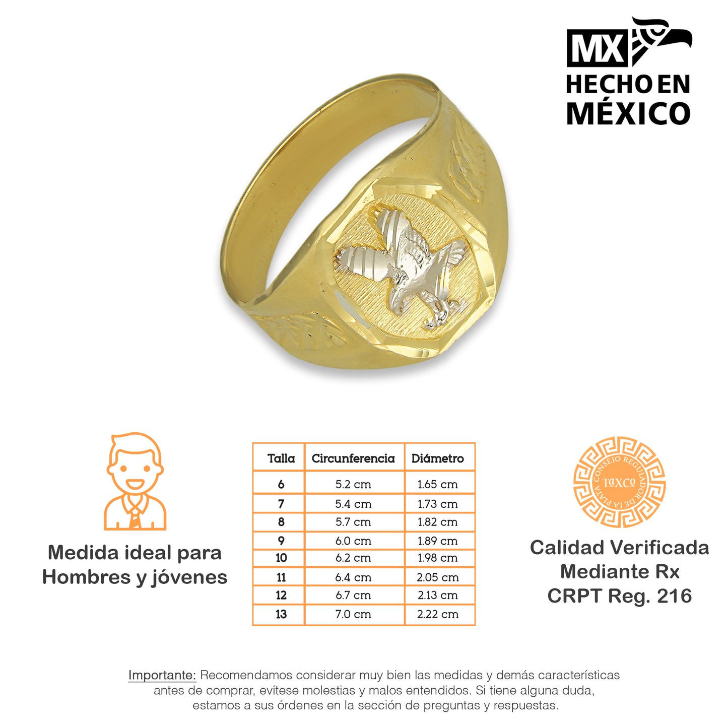 MR14AC010 Anillo Para Caballero Oro Sólido 14K Modelo Águila Troquelado Diamantado