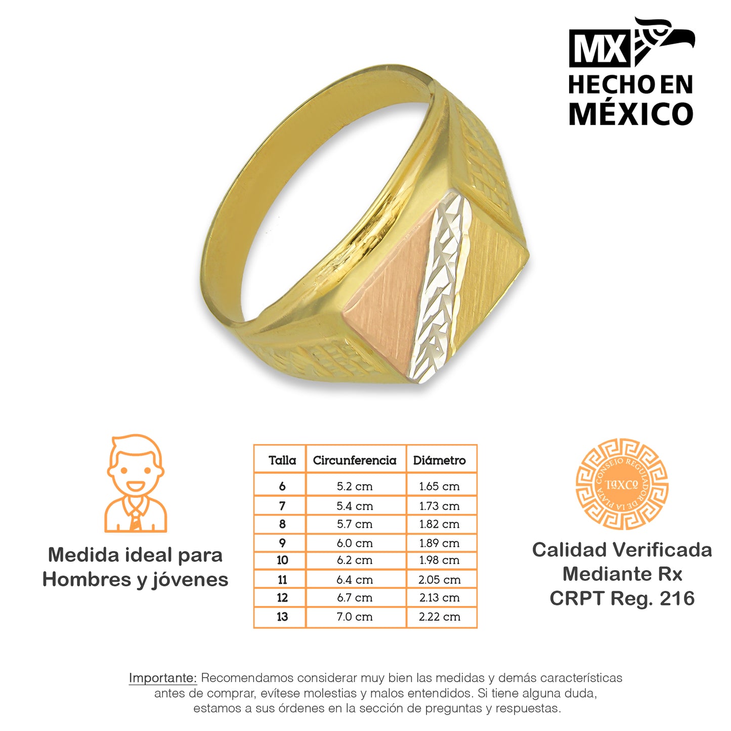 MR14AC011 Anillo Para Caballero Oro Sólido 14K Modelo Rectángulo Horizontal Florentino