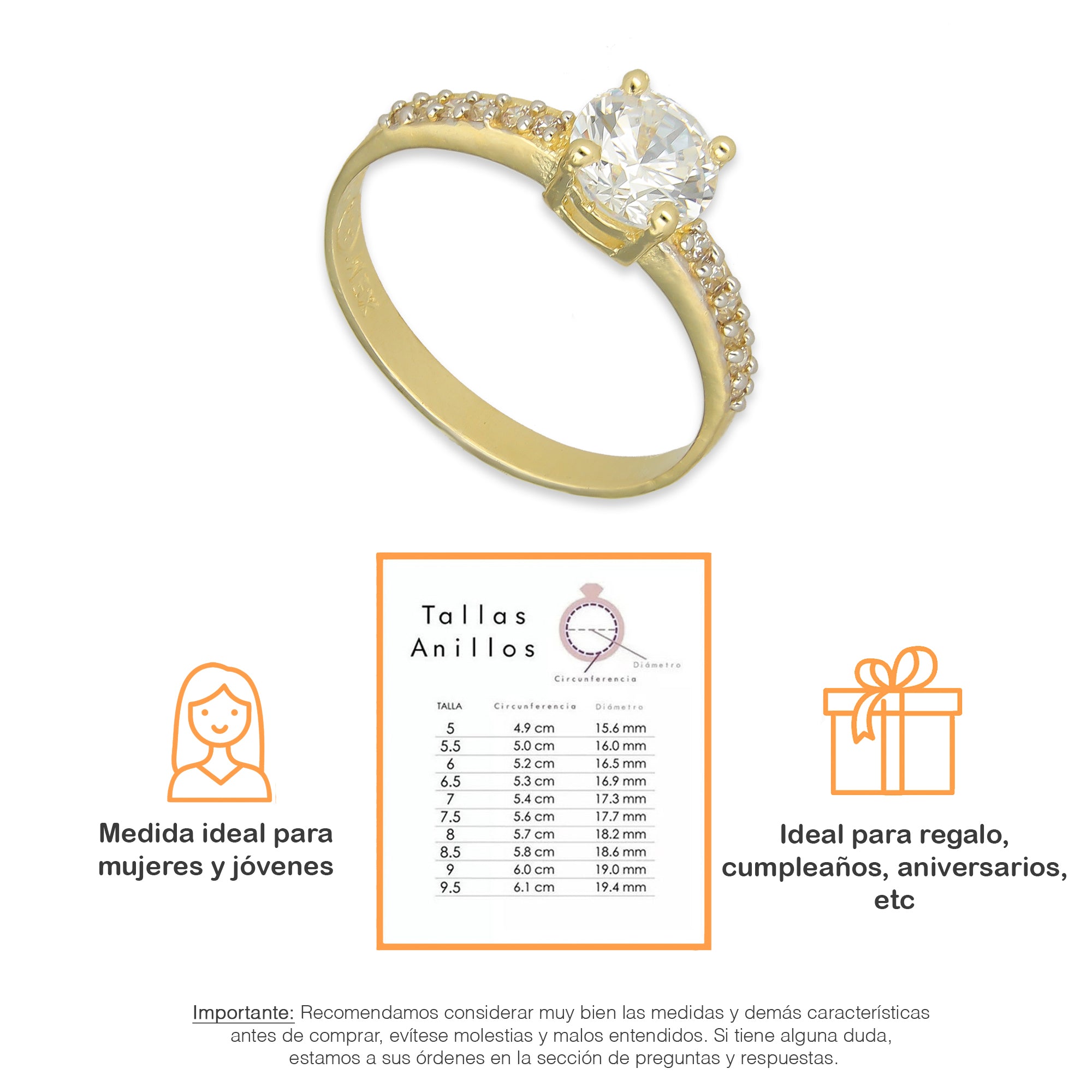 MR14AD003 Anillo Solitario Dama Oro Sólido 14K Modelo 6 PL Zirconia Principal 6 mm