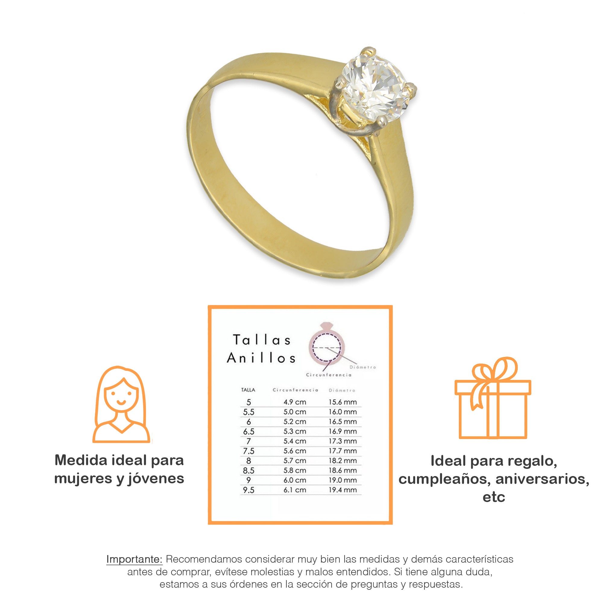 MR14AD006 Anillo Solitario Dama Oro Sólido 14K Modelo Belt Liso Zirconia Principal 6 mm
