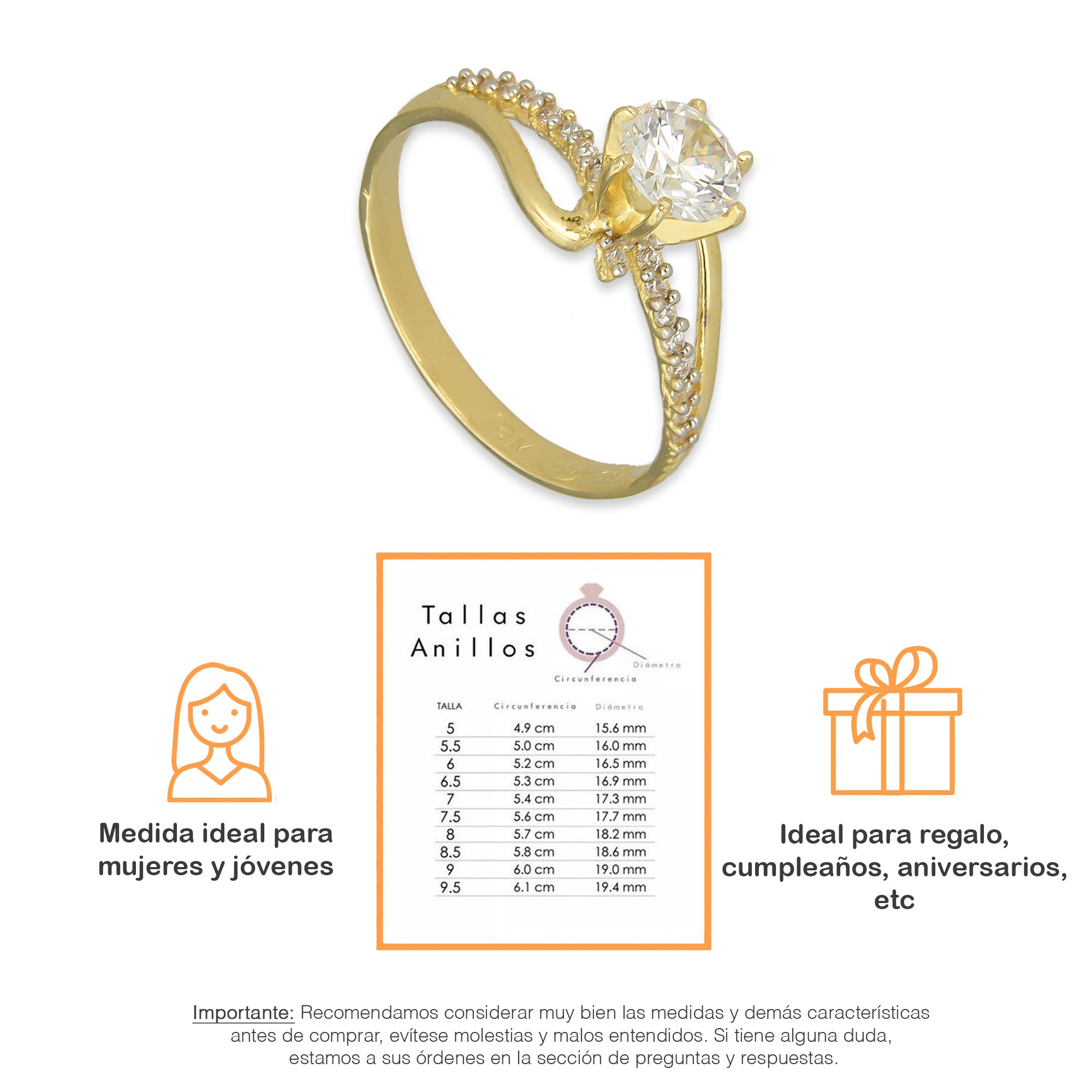 MR14AD009 Anillo Solitario Dama Oro Sólido 14K Modelo Wave Zirconia Principal 6 mm