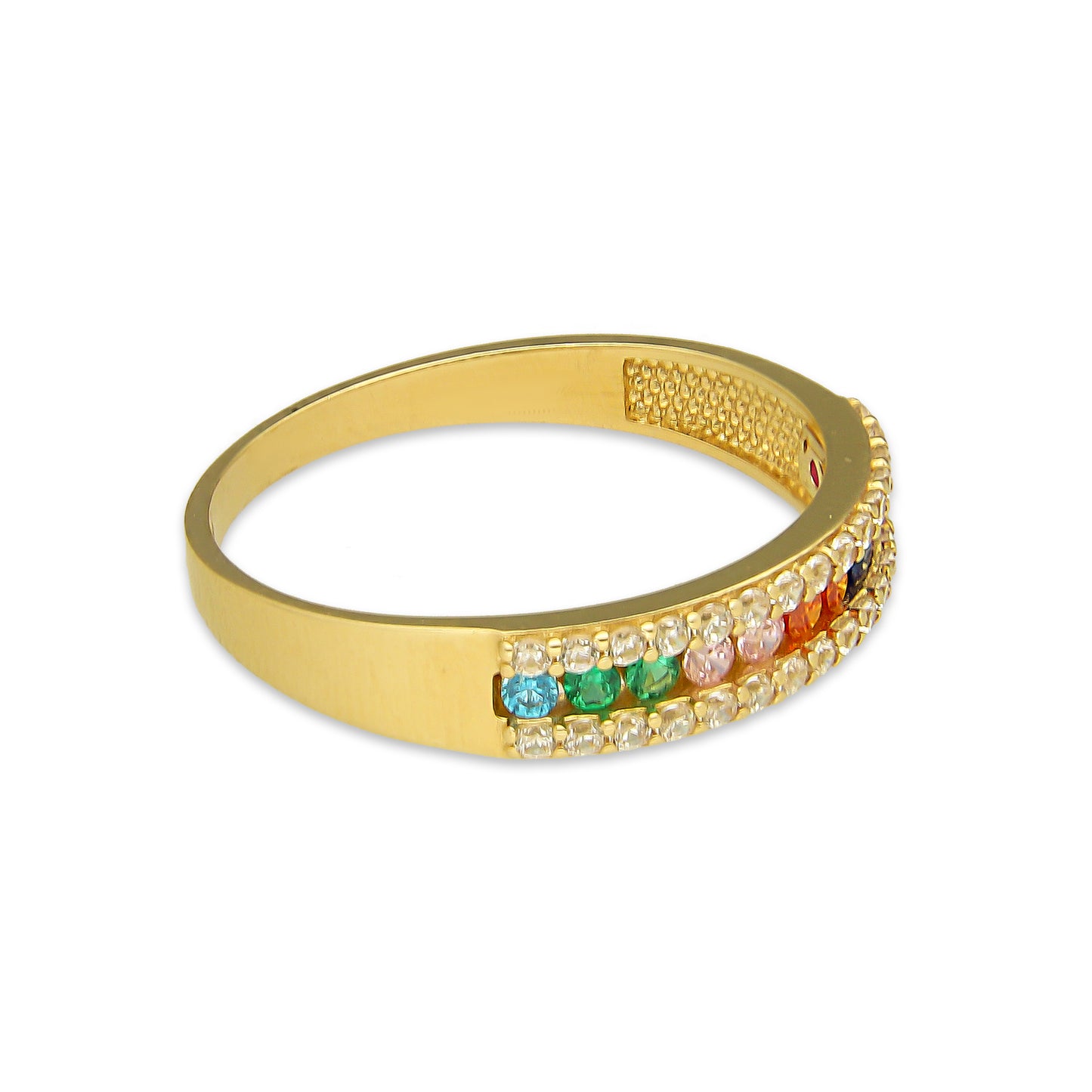 MR14AD015 Anillo Dama Oro Sólido 14K Churumbela Modelo 3 Lineas de Zirconia Centro Multicolor