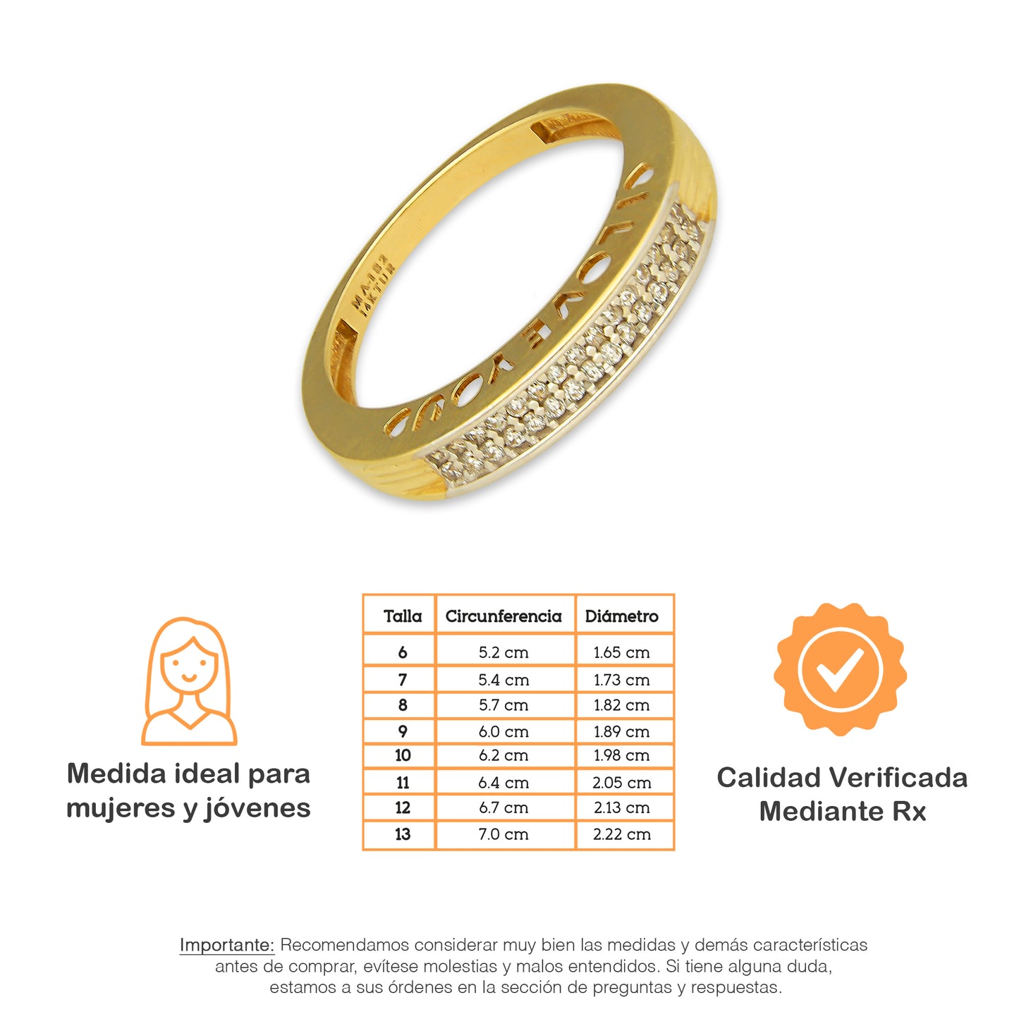 MR14AD018 Anillo Dama Oro Sólido 14K Churumbela Modelo I Love U con Zirconia