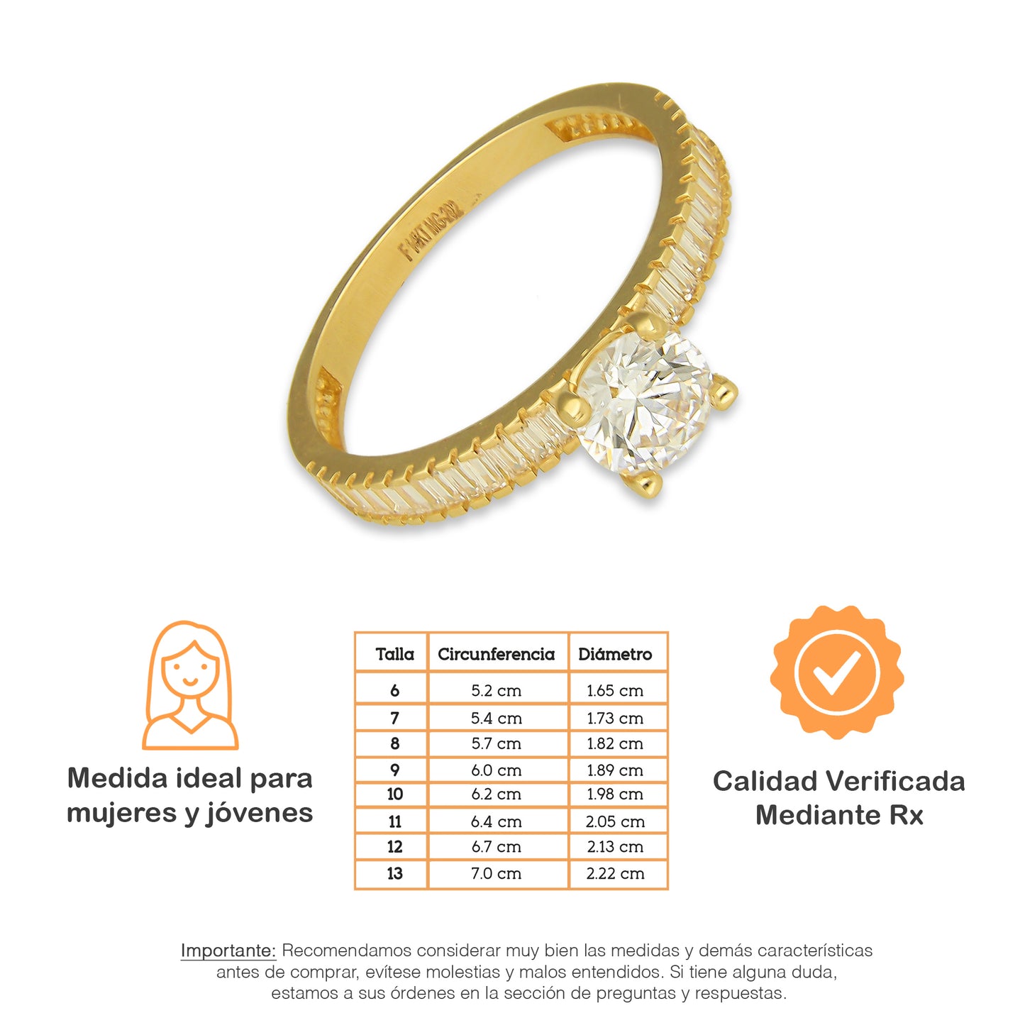 MR14AD022 Anillo Dama Solitario Oro Sólido 14K Modelo Zirconia Baguettes 6 mm Zirconia Principal