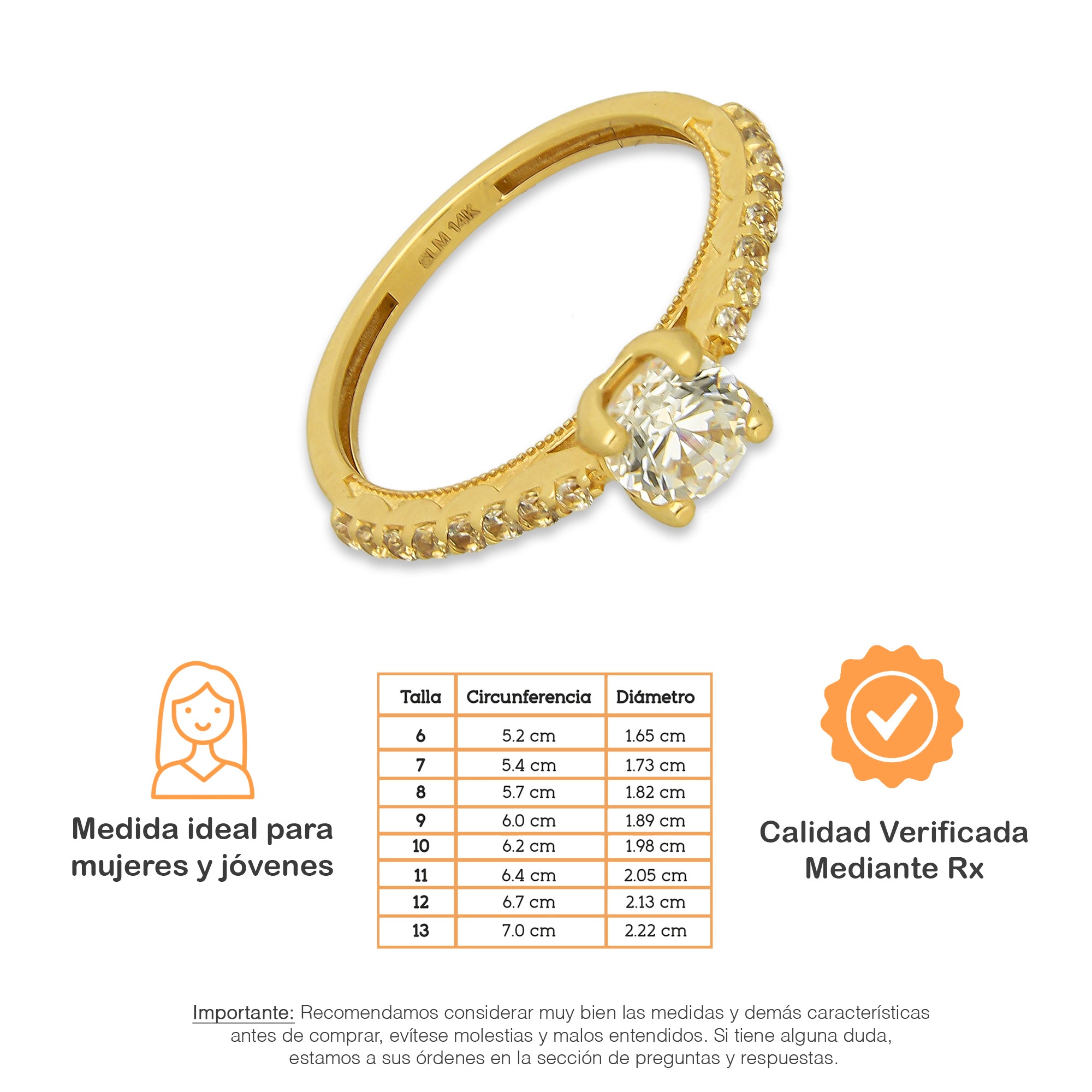 MR14AD025 Anillo Dama Solitario Oro Sólido 14K Modelo Zirconias Resaltadas 5 mm Zirconia Principal