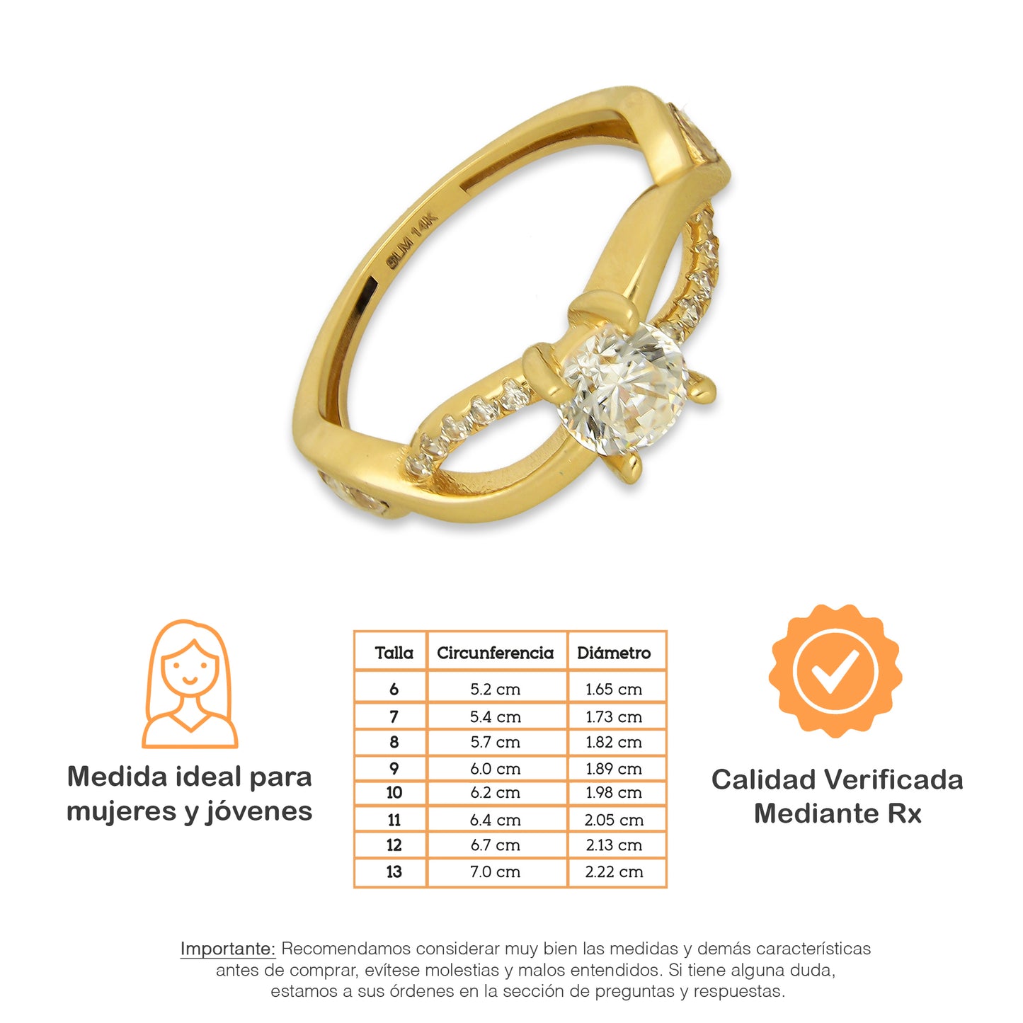 MR14AD026 Anillo Dama Solitario Oro Sólido 14K Modelo ADN 5 mm Zirconia Principal