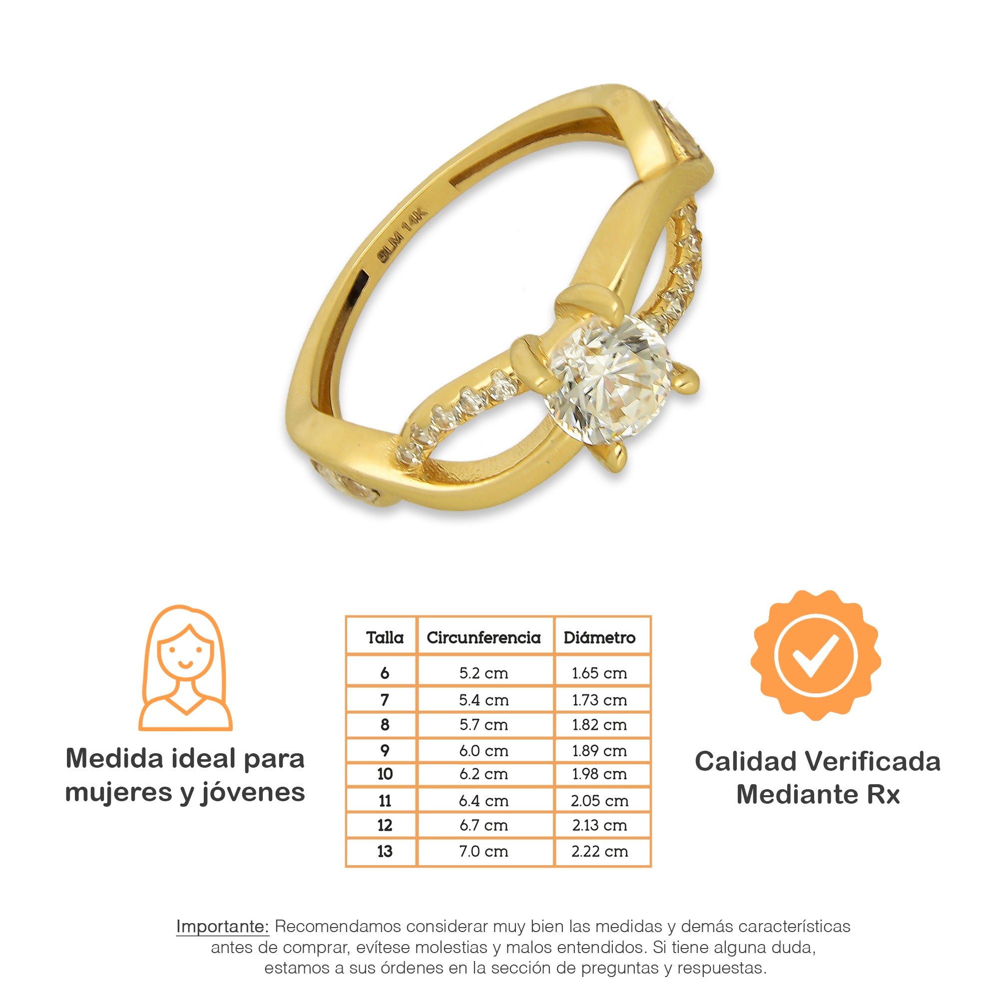 MR14AD026 Anillo Dama Solitario Oro Sólido 14K Modelo ADN 5 mm Zirconia Principal