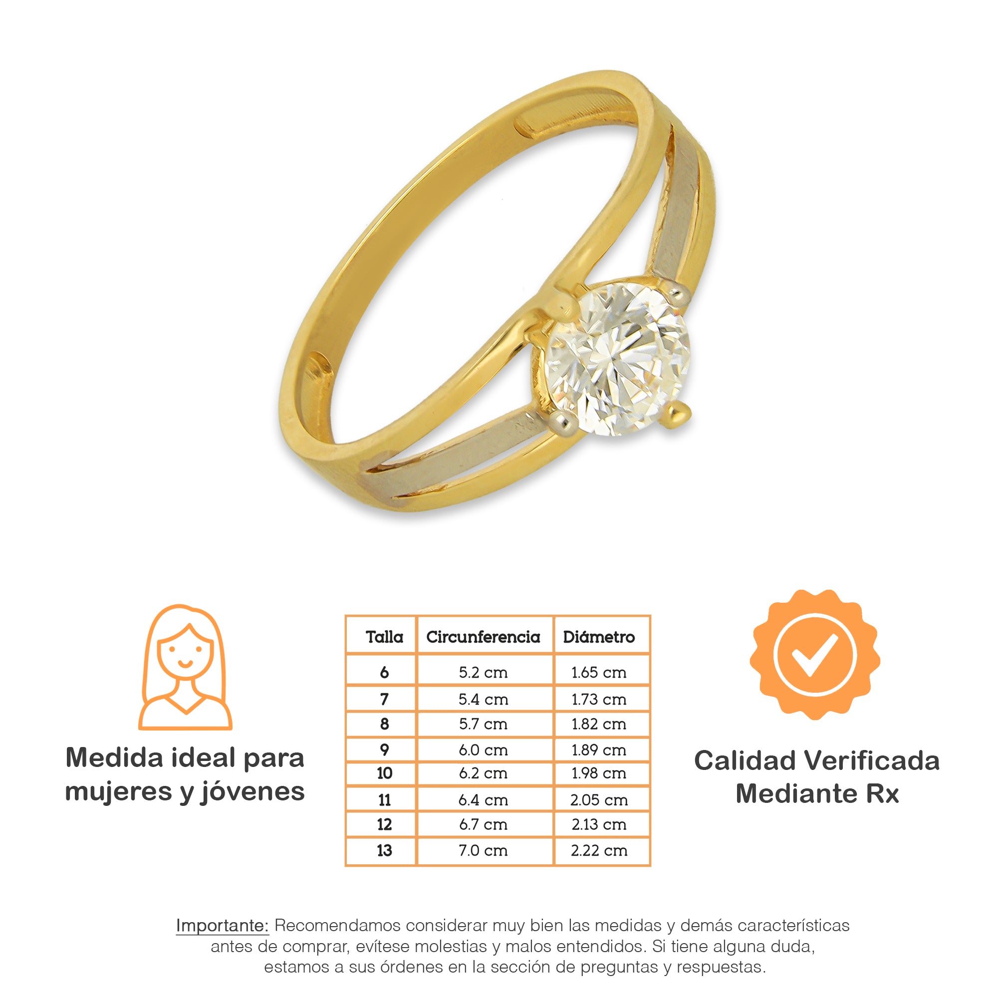 MR14AD028 Anillo Dama Solitario Oro Sólido 14K Modelo 3 Lineas Lisas Florentino 6 mm Zirconia Principal