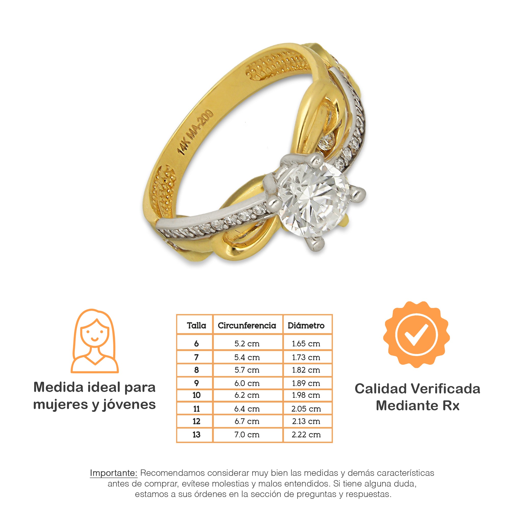 MR14AD029 Anillo Dama Solitario Oro Sólido 14K Modelo Ribbon 6 mm Zirconia Principal
