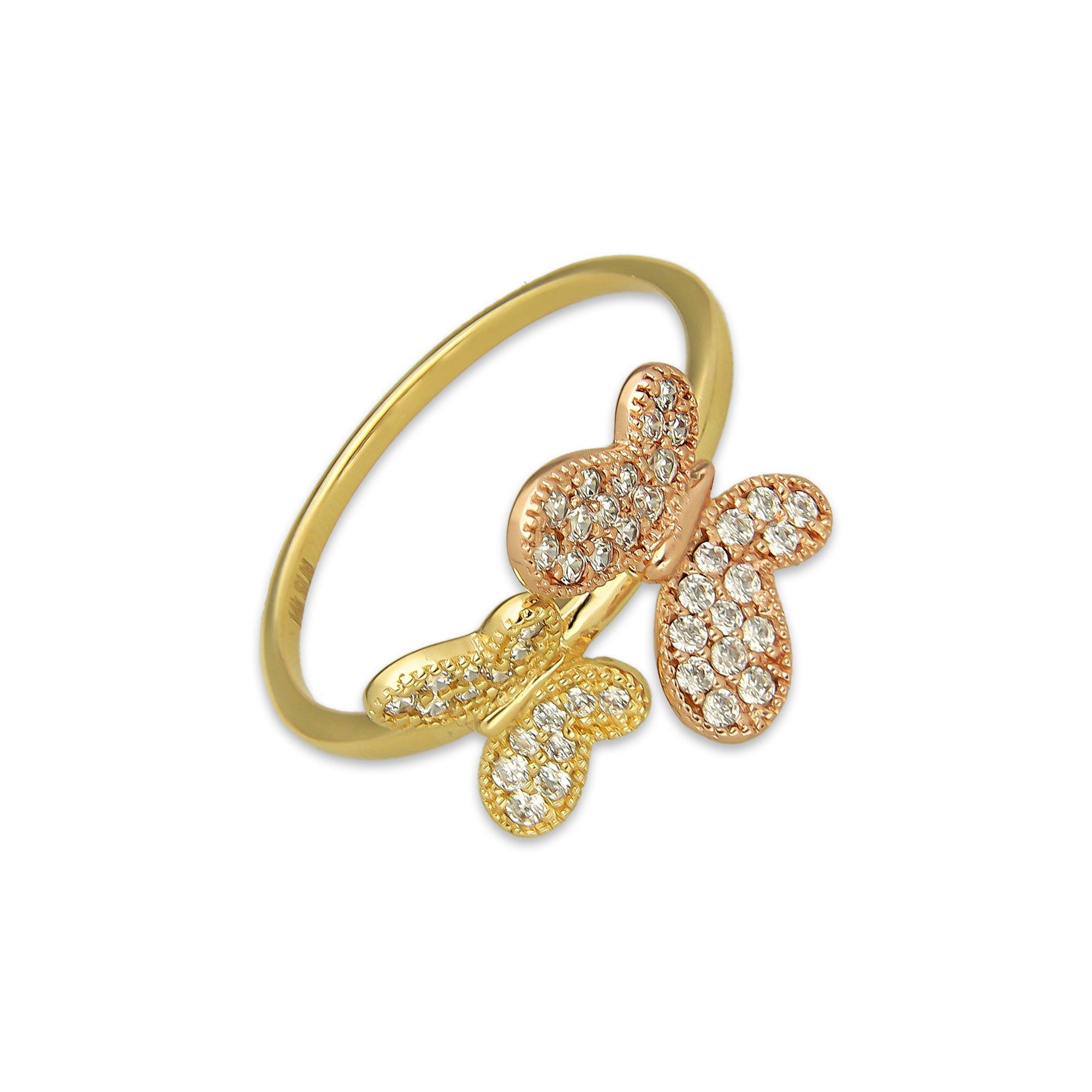 MR14AD032 Anillo Dama Oro Sólido 14K Modelo 2 Mariposas Rosa y Amarilla con Zirconias