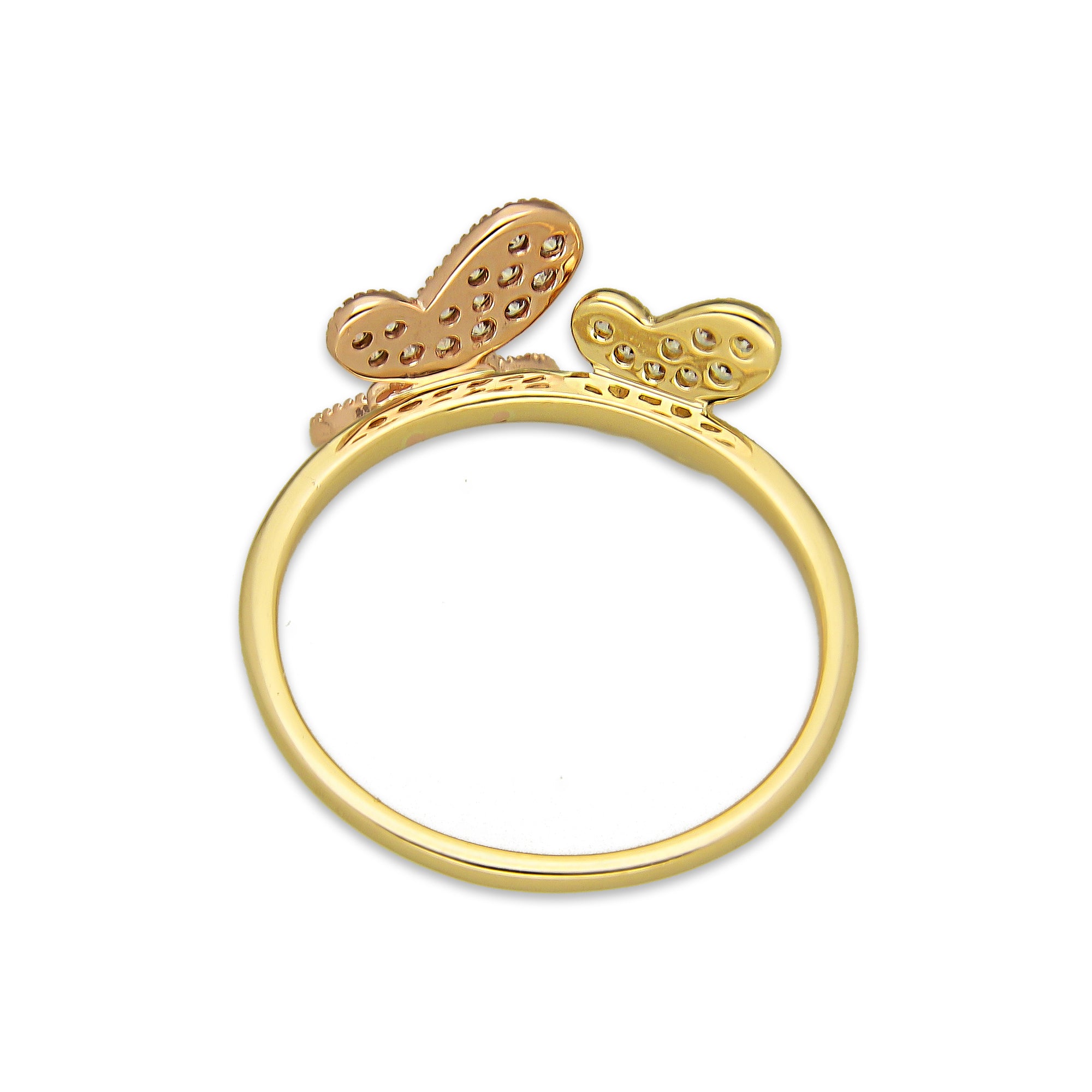 MR14AD032 Anillo Dama Oro Sólido 14K Modelo 2 Mariposas Rosa y Amarilla con Zirconias